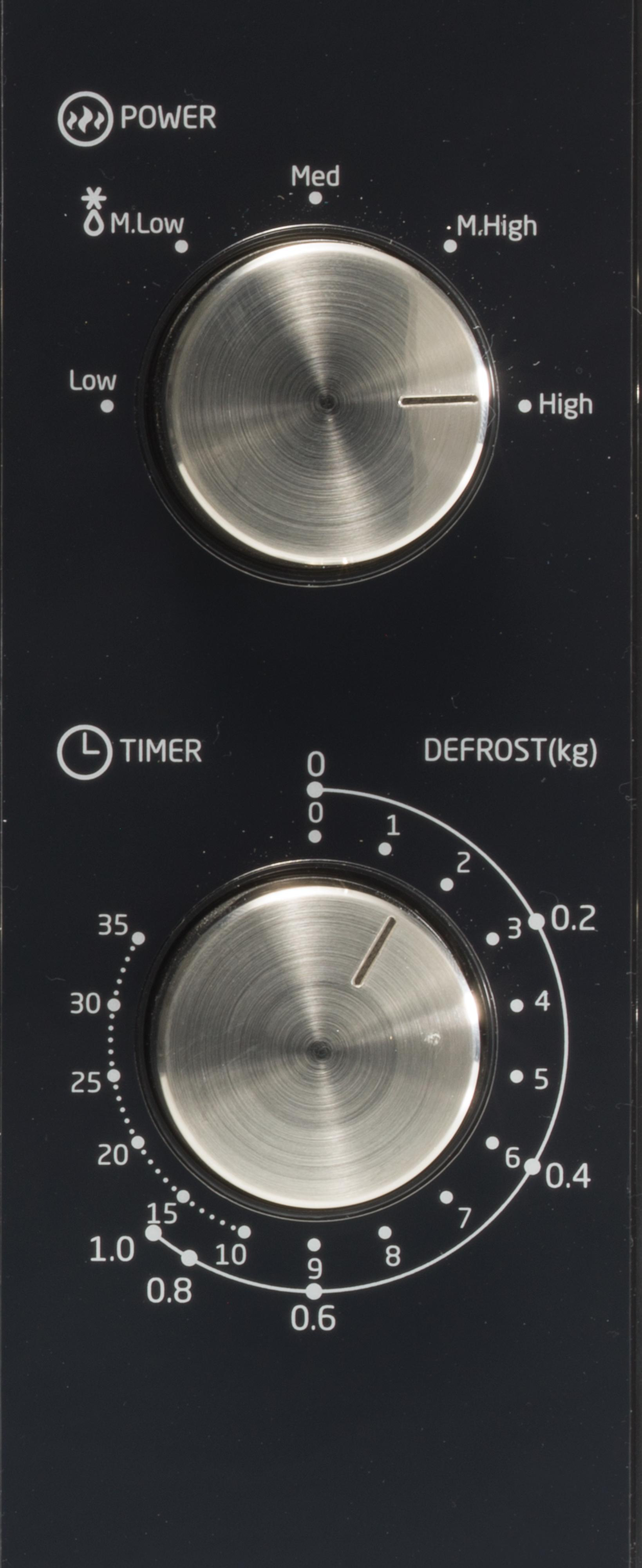 Mikrowellen-Bedienfeld mit Leistungs-, Timer- und Auftaueinstellungen.