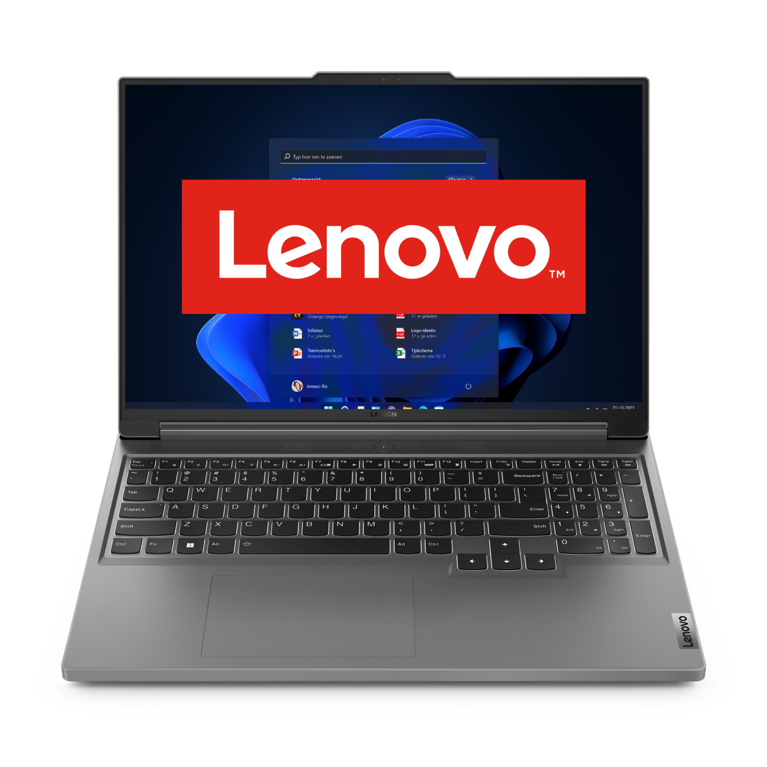 Lenovo laptop met een rood logo op het scherm. Het toetsenbord is zichtbaar.