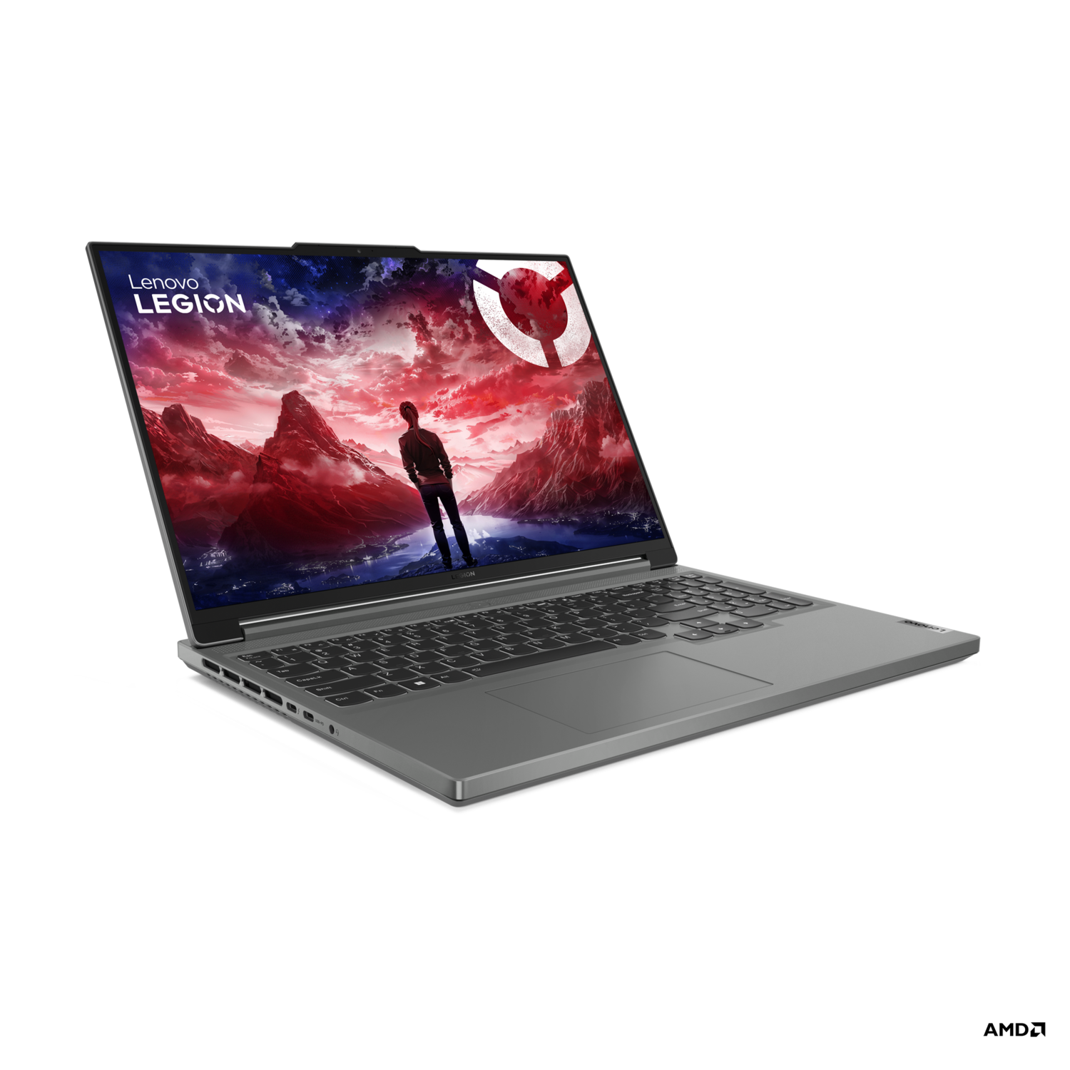 Lenovo Legion laptop. Grijs, open, met een landschap met een persoon. Gaming laptop.
