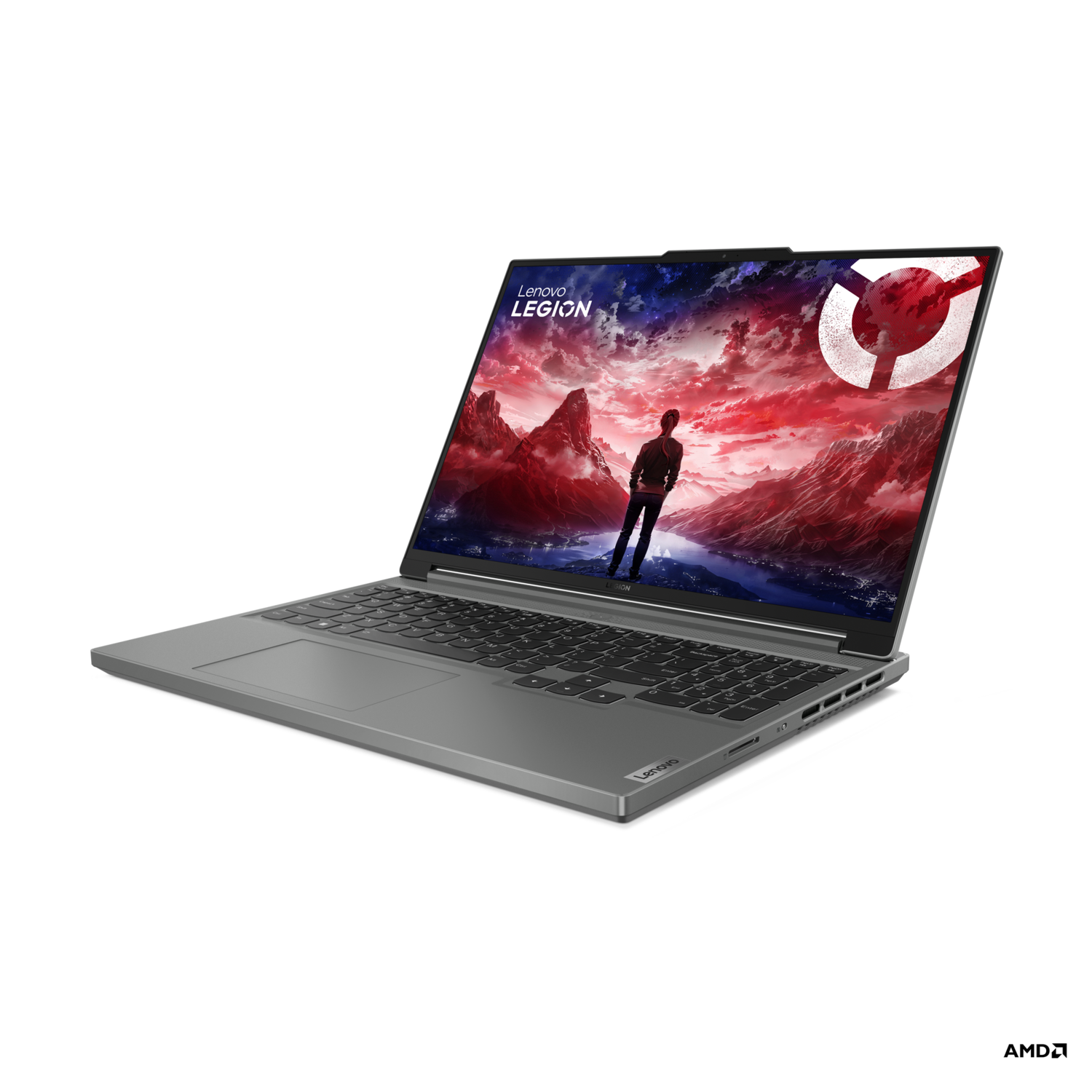 Een laptop met een berglandschap met een silhouet en een logo op het scherm.
