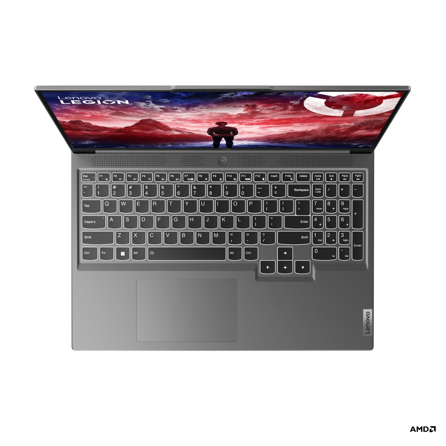 Bovenaanzicht van een laptop met het scherm open, met een game-scene.
