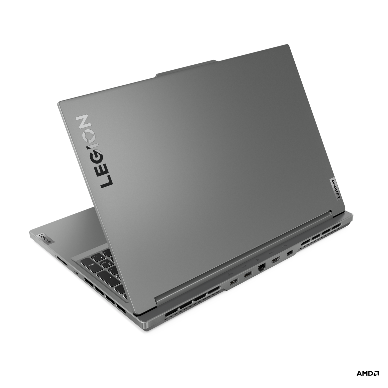 Grijze Lenovo Legion laptop, open, met toetsenbord en logo.