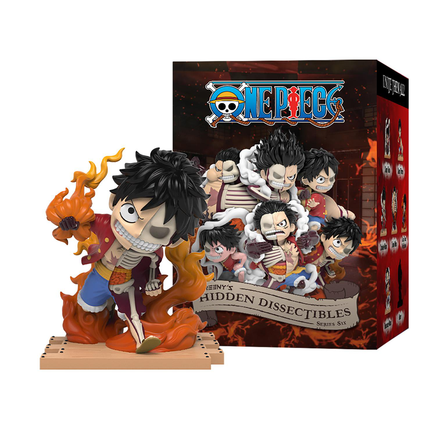 One Piece Figurenset. Luffy in Flammen und weitere Figuren der Serie, Box im Hintergrund.