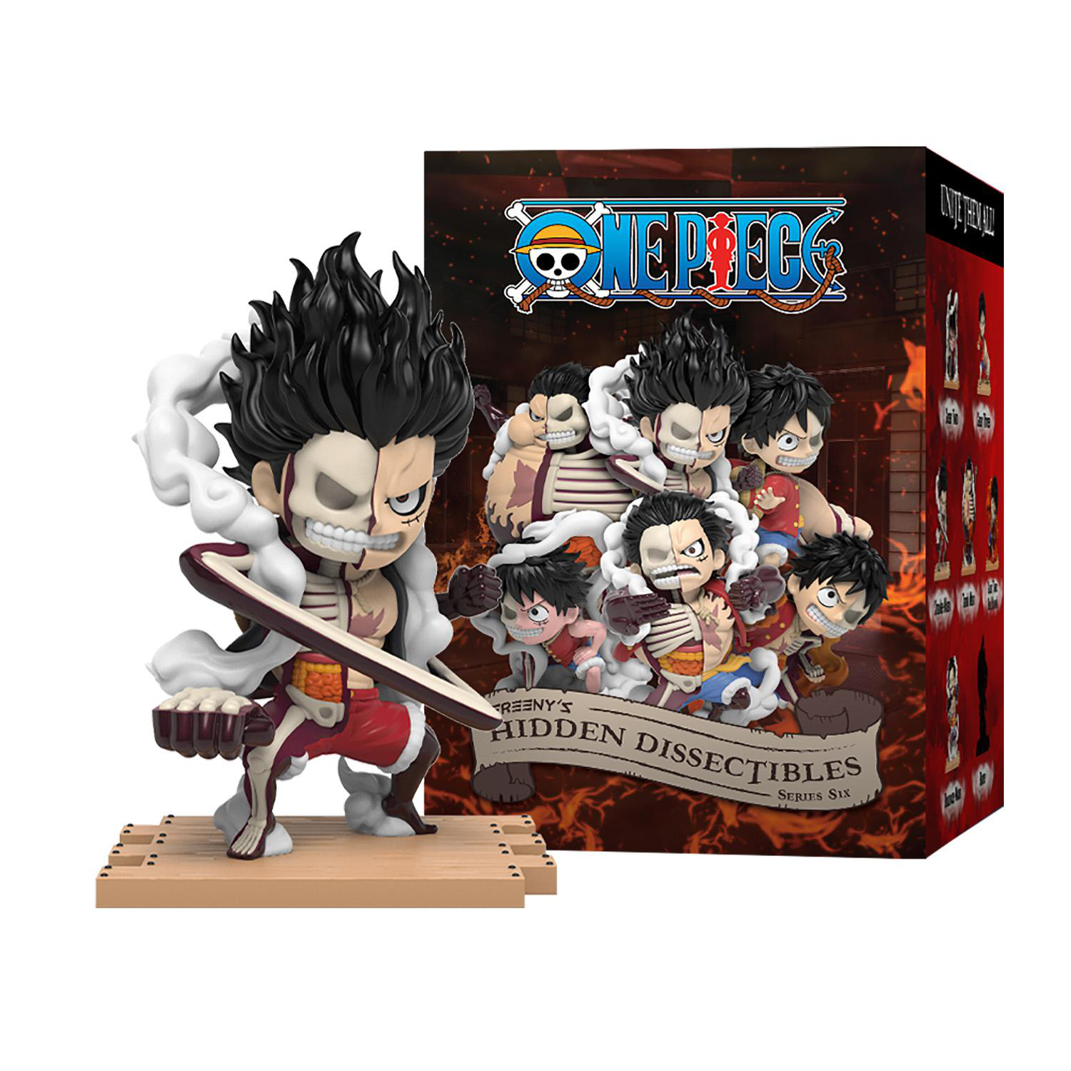 One Piece Luffy Figur mit Box-Art. Luffy Figur in Action-Pose, halbe Haut, hält ein Schwert.