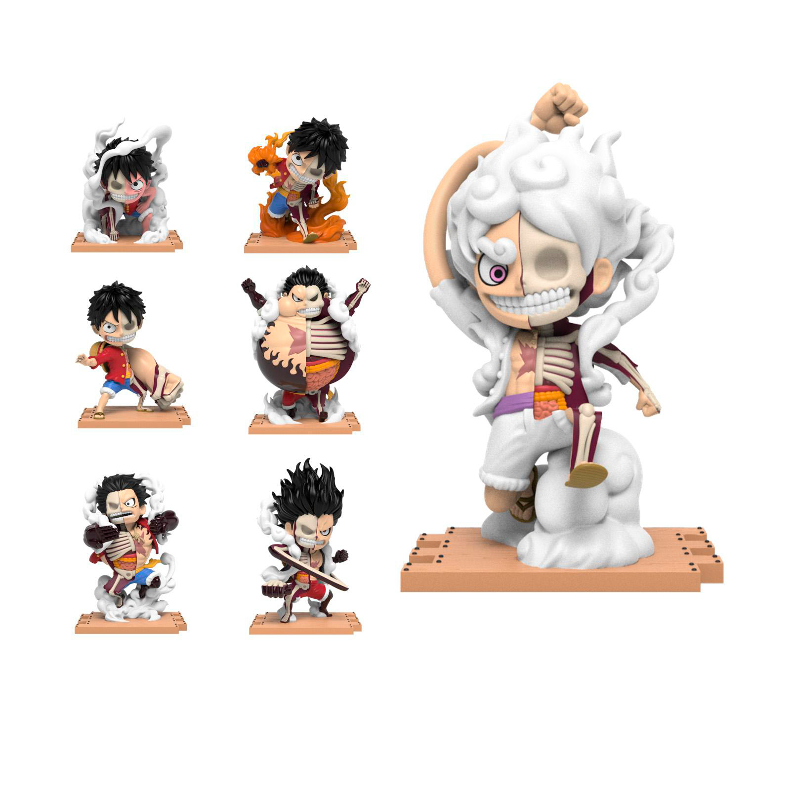 Eine Sammlung von One Piece Anime-Figuren von Ruffy in verschiedenen Formen. Jede auf einem Sockel.