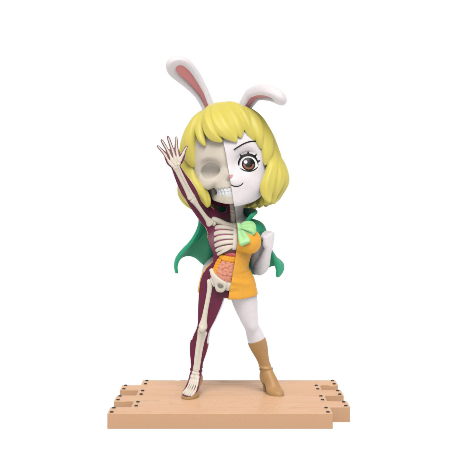 Eine Figur eines Mädchens mit Skelett auf einer und normalem Körper auf der anderen Seite.