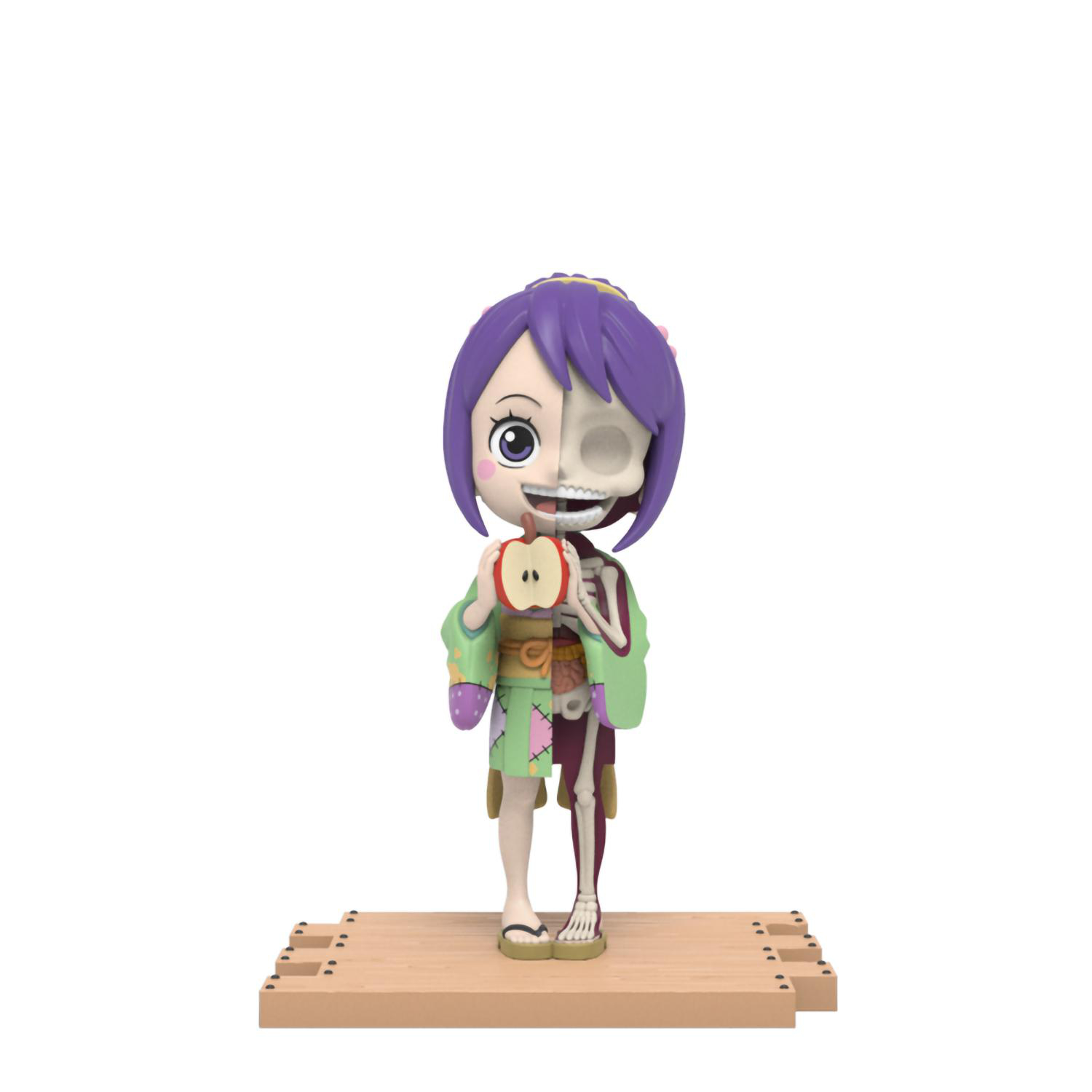 Anime-Figur eines Mädchens mit Apfel. Rechte Seite Skelett, linke Seite normal.