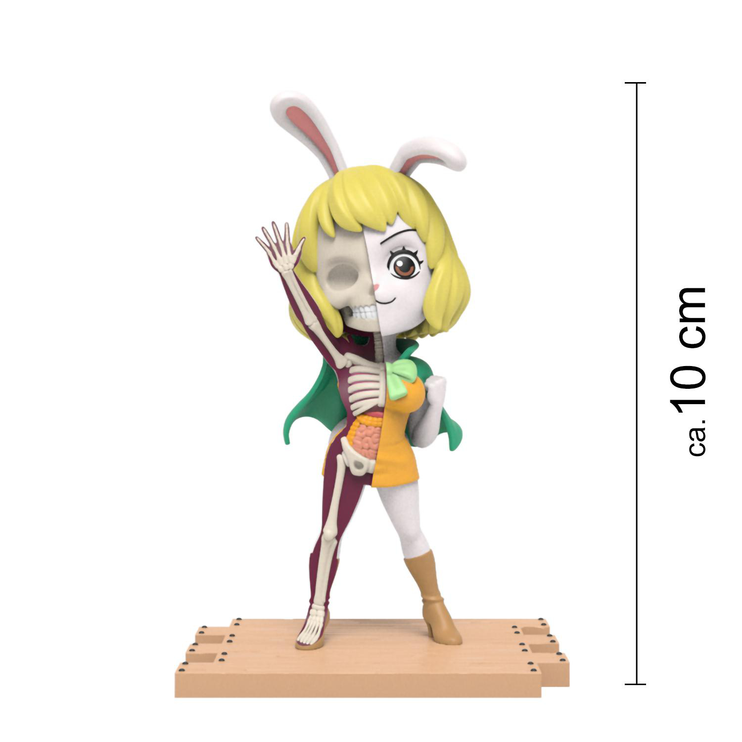 Figur mit halbem Skelett. Blondes Haar und Hasenohren. Winkender Arm. Orange-grünes Outfit. Beiger Sockel.