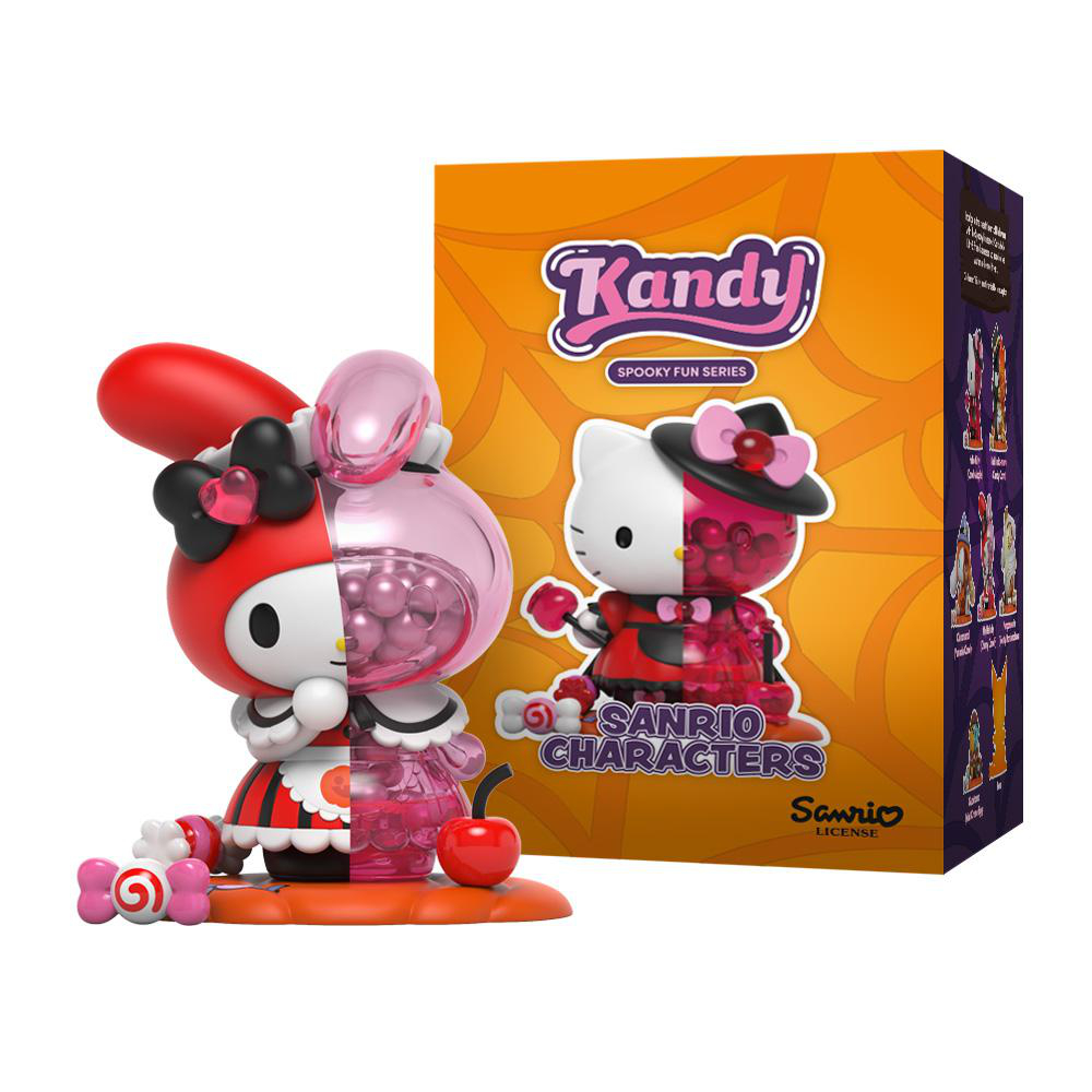 Halbtransparente Hello Kitty Figur, verpackt, mit Sanrio-Branding, orangefarbener Hintergrund.