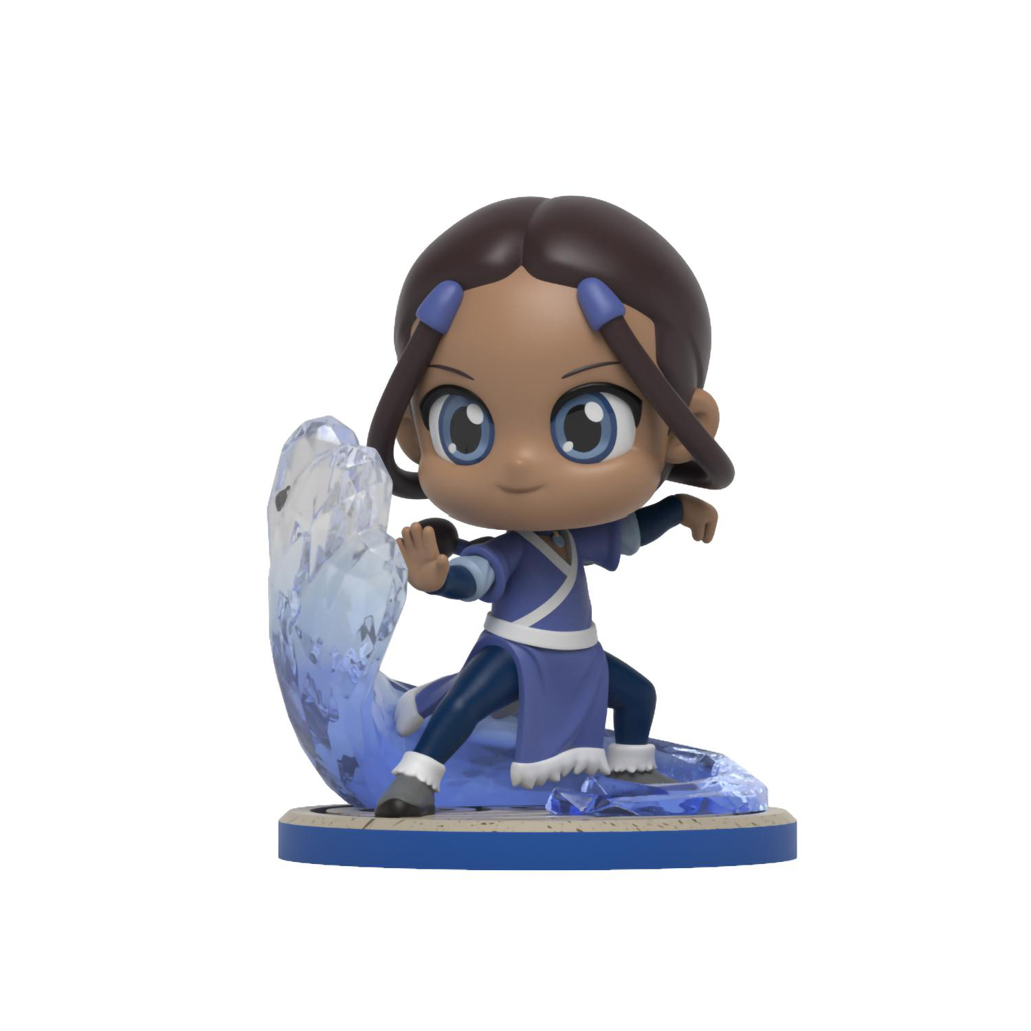 Avatar-Figur von Katara. Braune Haare mit blauen Akzenten. Blaues Outfit. Wasserelement mit Eisdetail. Weißer Hintergrund.
