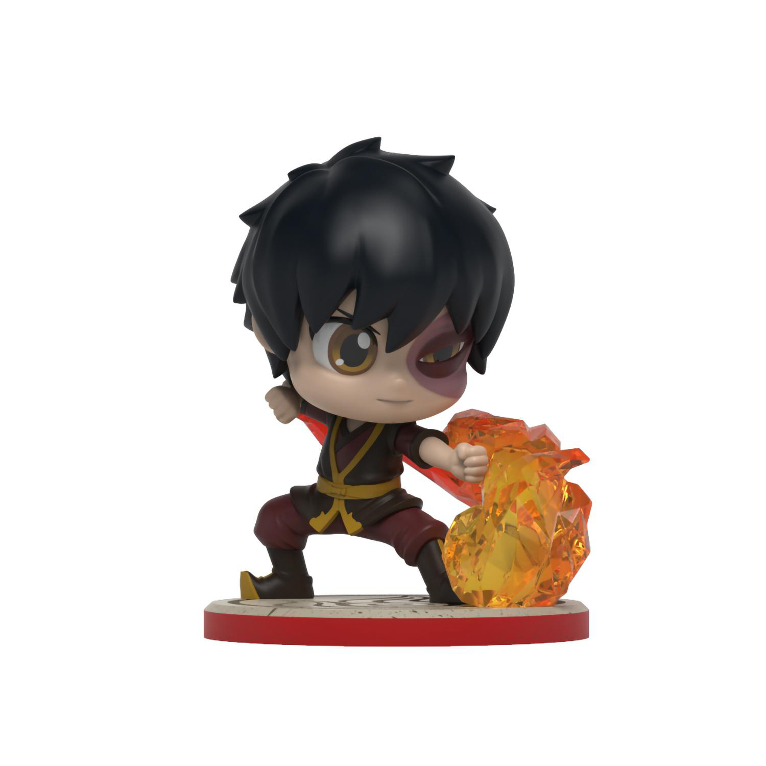 Avatar Zuko Figur mit Feuer, stehend auf roter Basis.