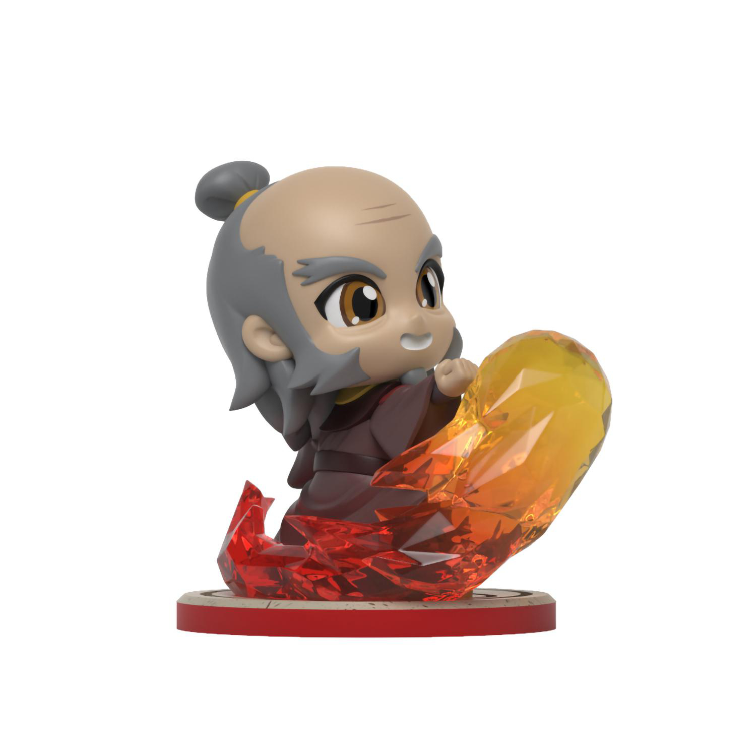 Chibi-Figur von Iroh aus Avatar, mit Energieausbruch auf einem Sockel.