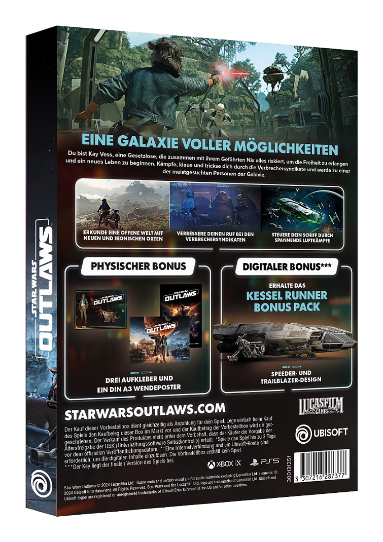 Box Star Wars Outlaws con Kay Vess che combatte su un pianeta. Include info e bonus del gioco.