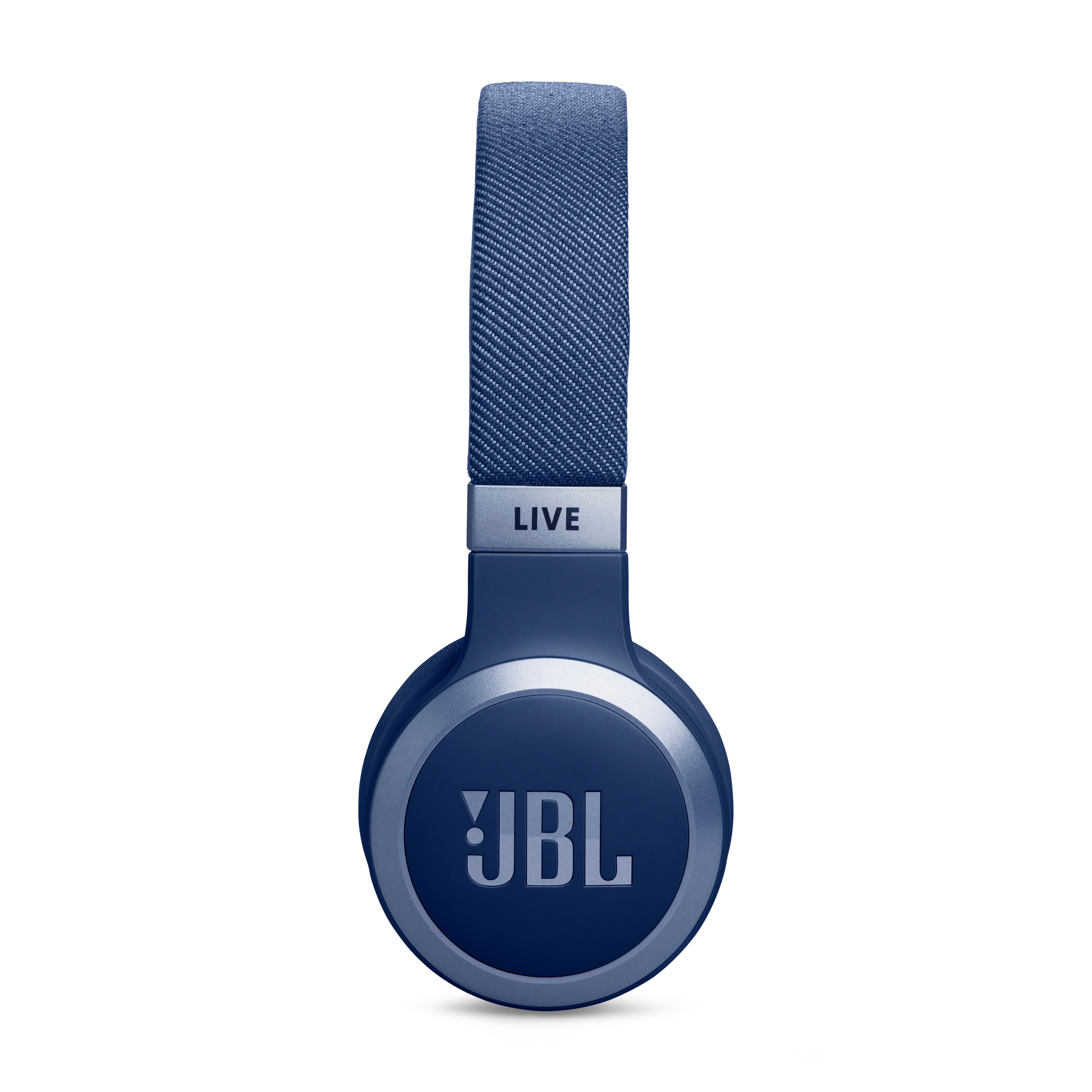 Blaue und graue JBL Live Kopfhörer. Die Kopfhörer sind Over-Ear, mit Bügel und Ohrmuscheln.