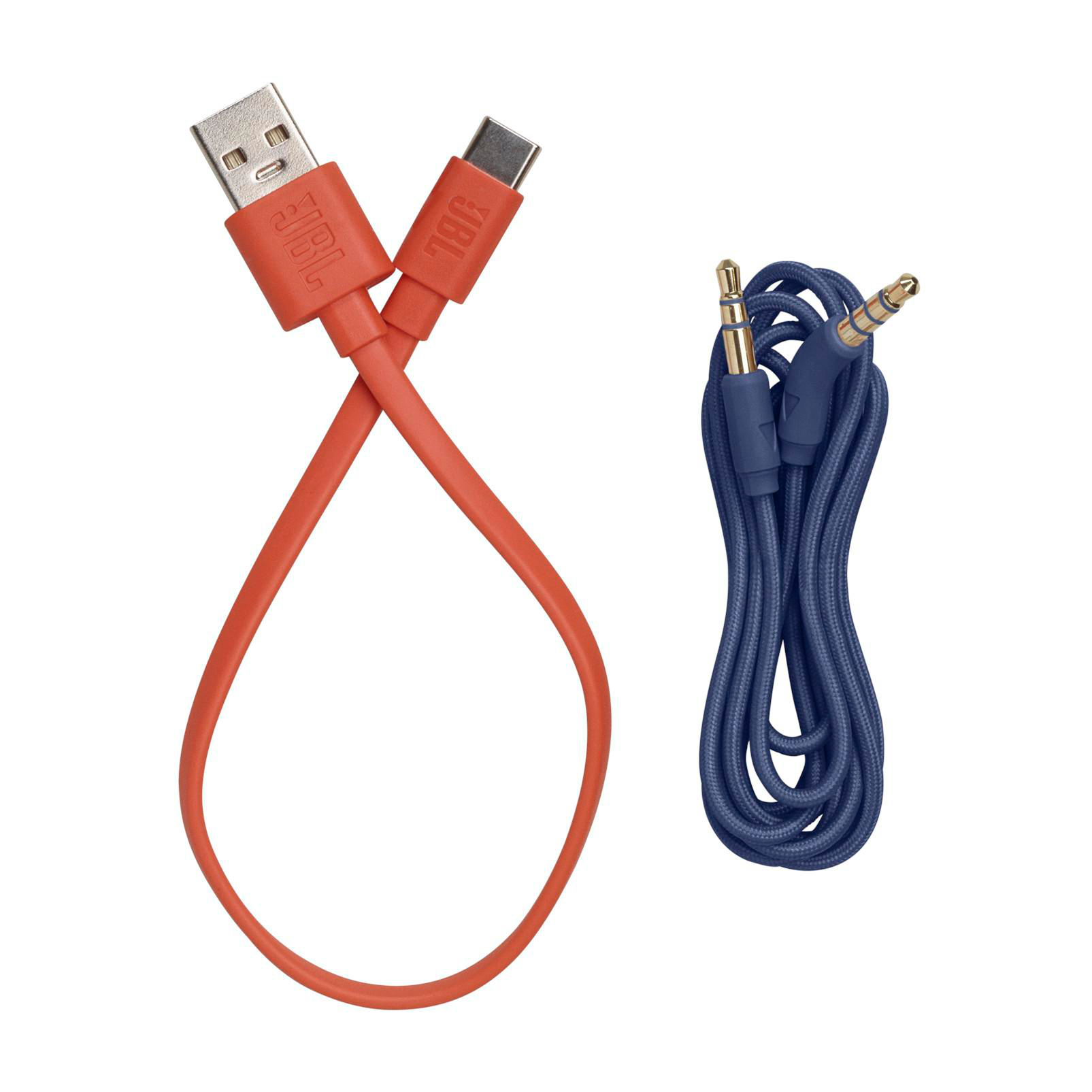 Zwei JBL-Kabel: ein oranges USB-C-Kabel und ein blau-goldenes Audiokabel.