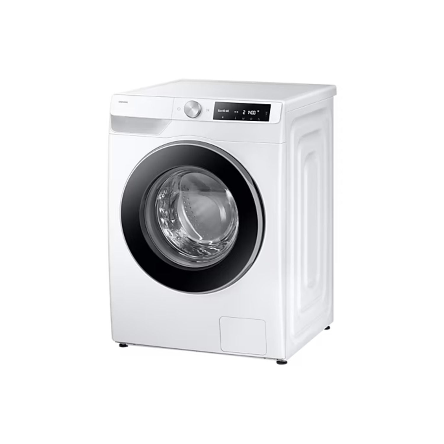 White washing machine with a black door and digital display.