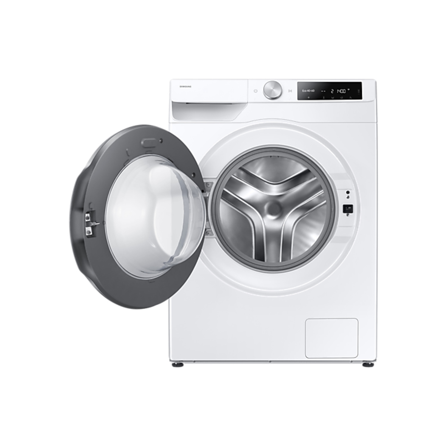 White washing machine with the door open. A gray door frame. The inside has a metal drum.