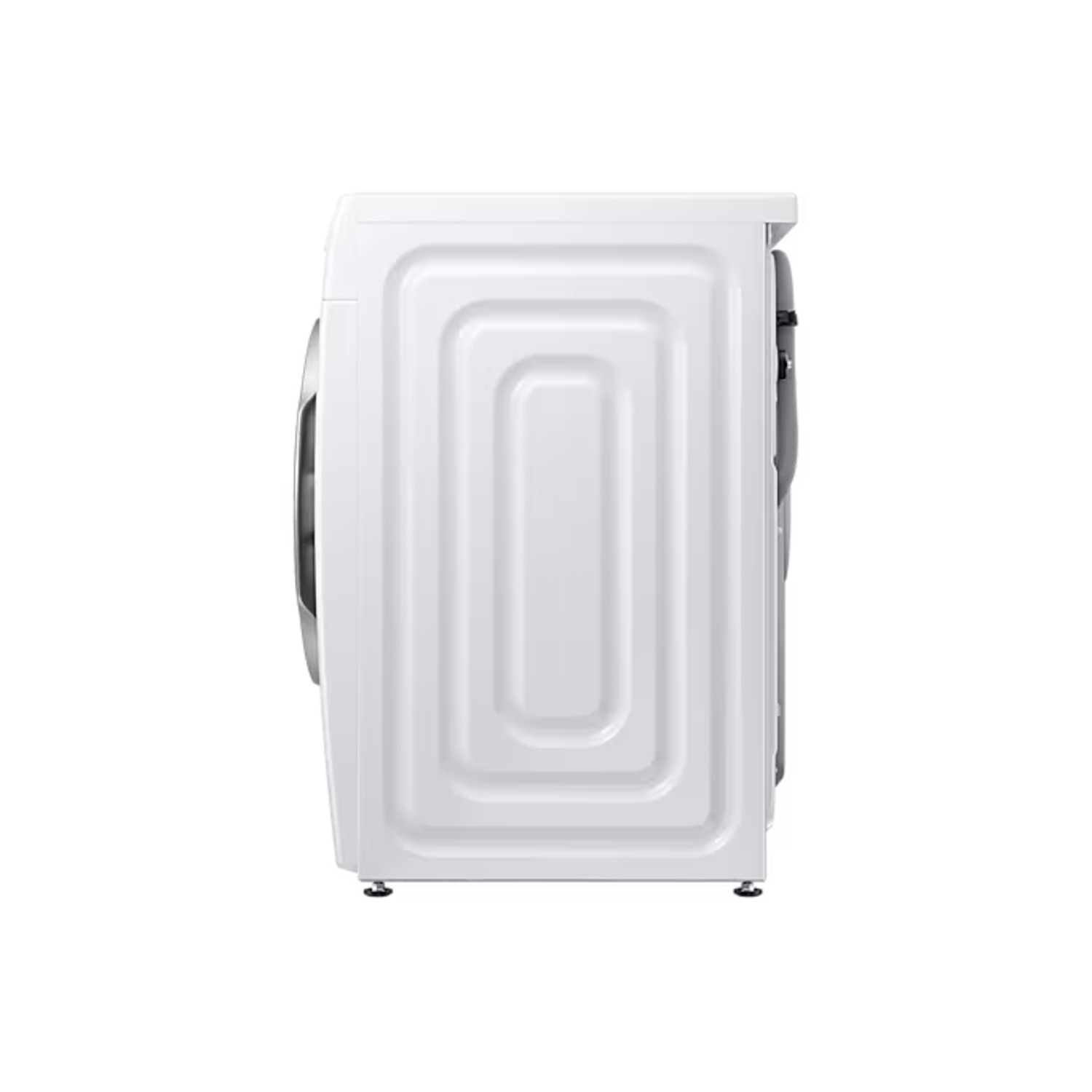 A white washing machine, viewed from the side. The back features a recessed panel design.