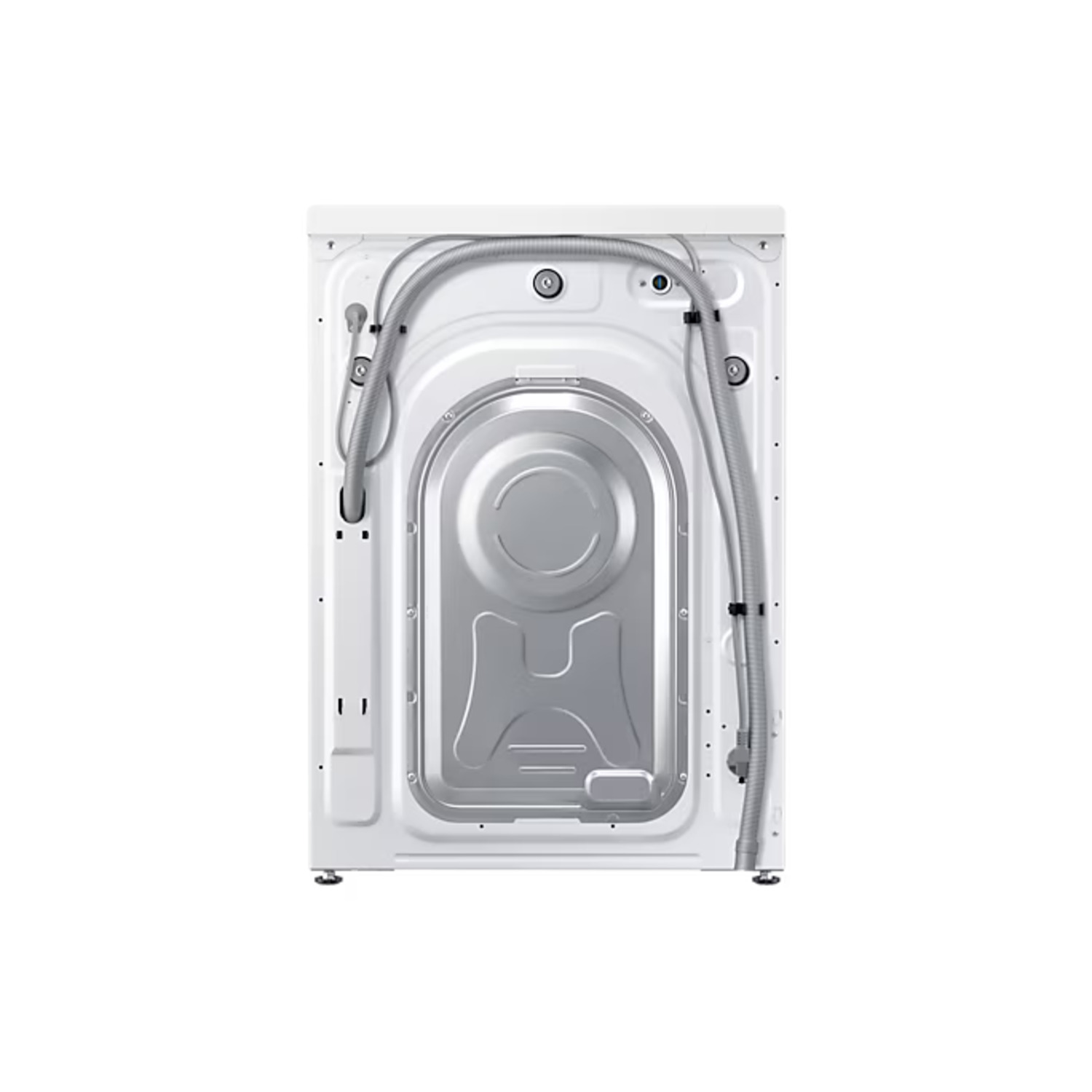 The back of a white Samsung washing machine with various hoses and a silver interior.