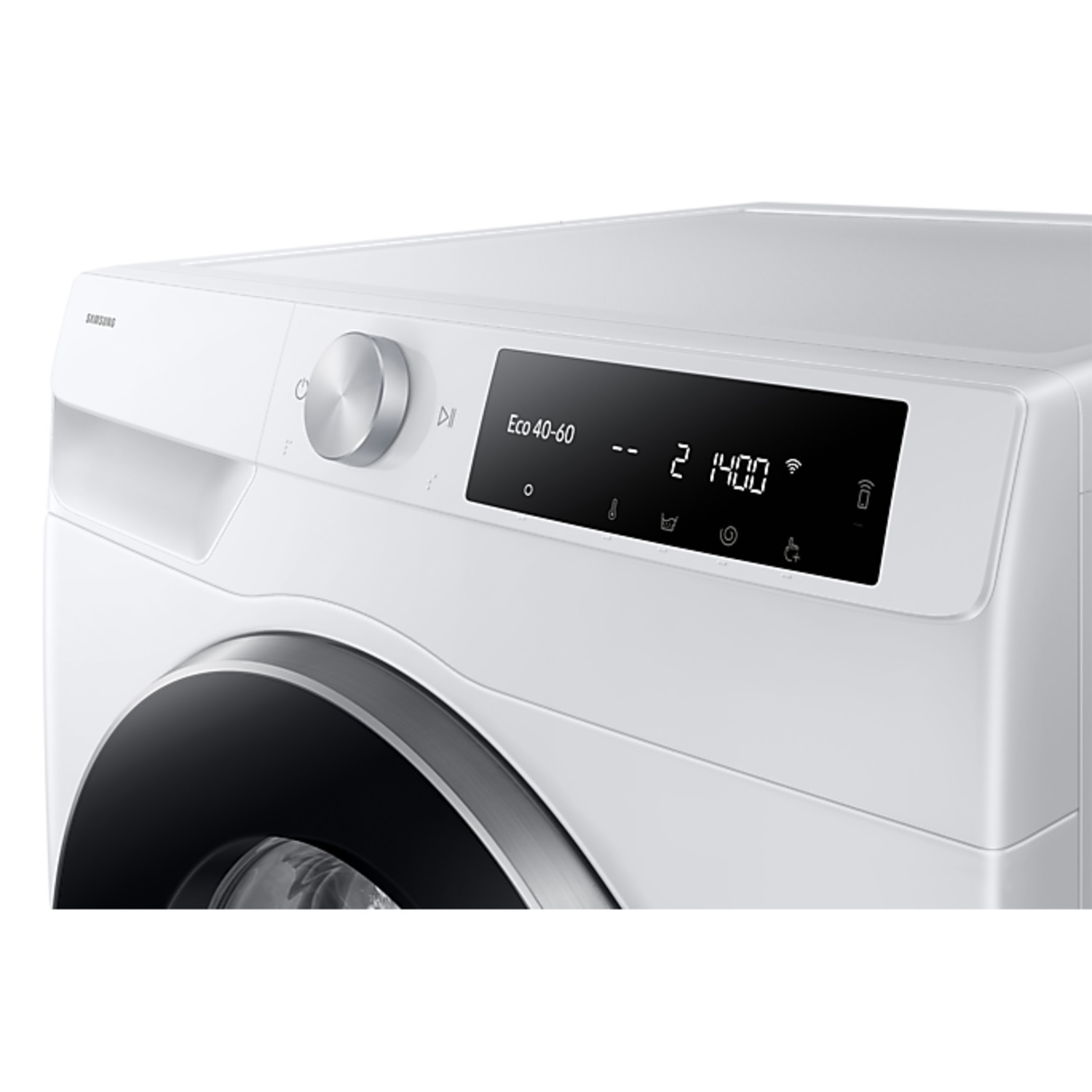 Close-up of a white Samsung washing machine control panel. It displays settings and a digital screen.