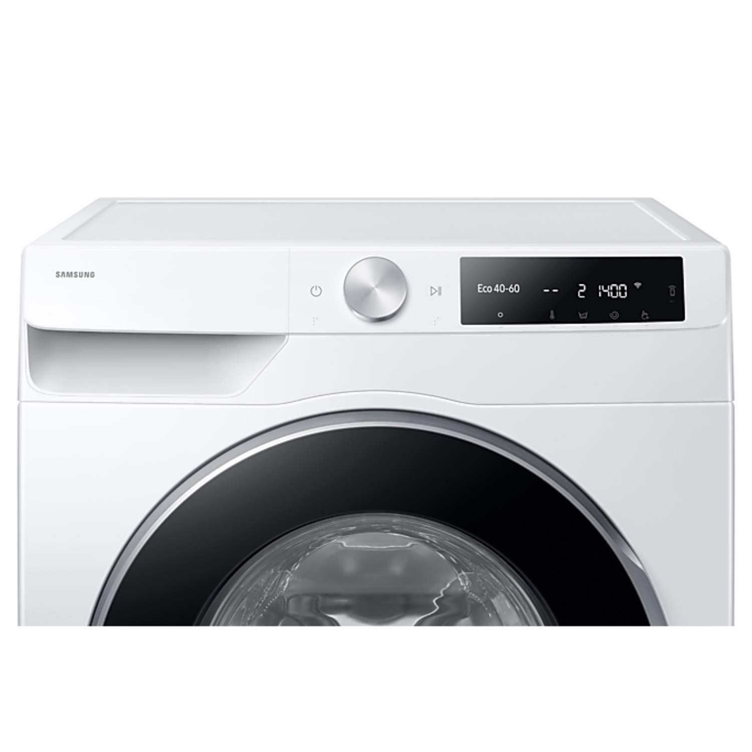A white washing machine with a digital display and a chrome dial, viewed from the front.