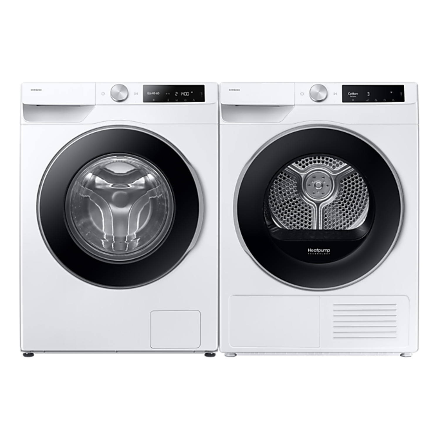 A white Samsung washing machine and dryer, side by side, with black doors and controls.
