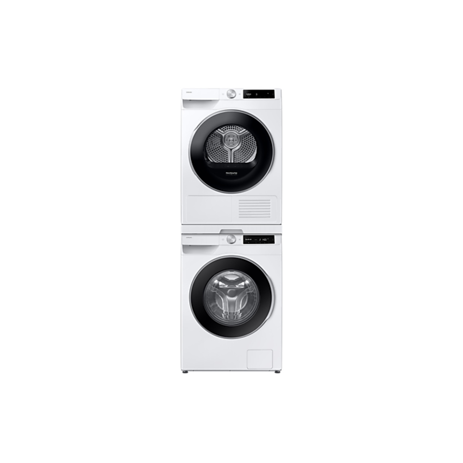 Stacked white washing machine and dryer units. White background.