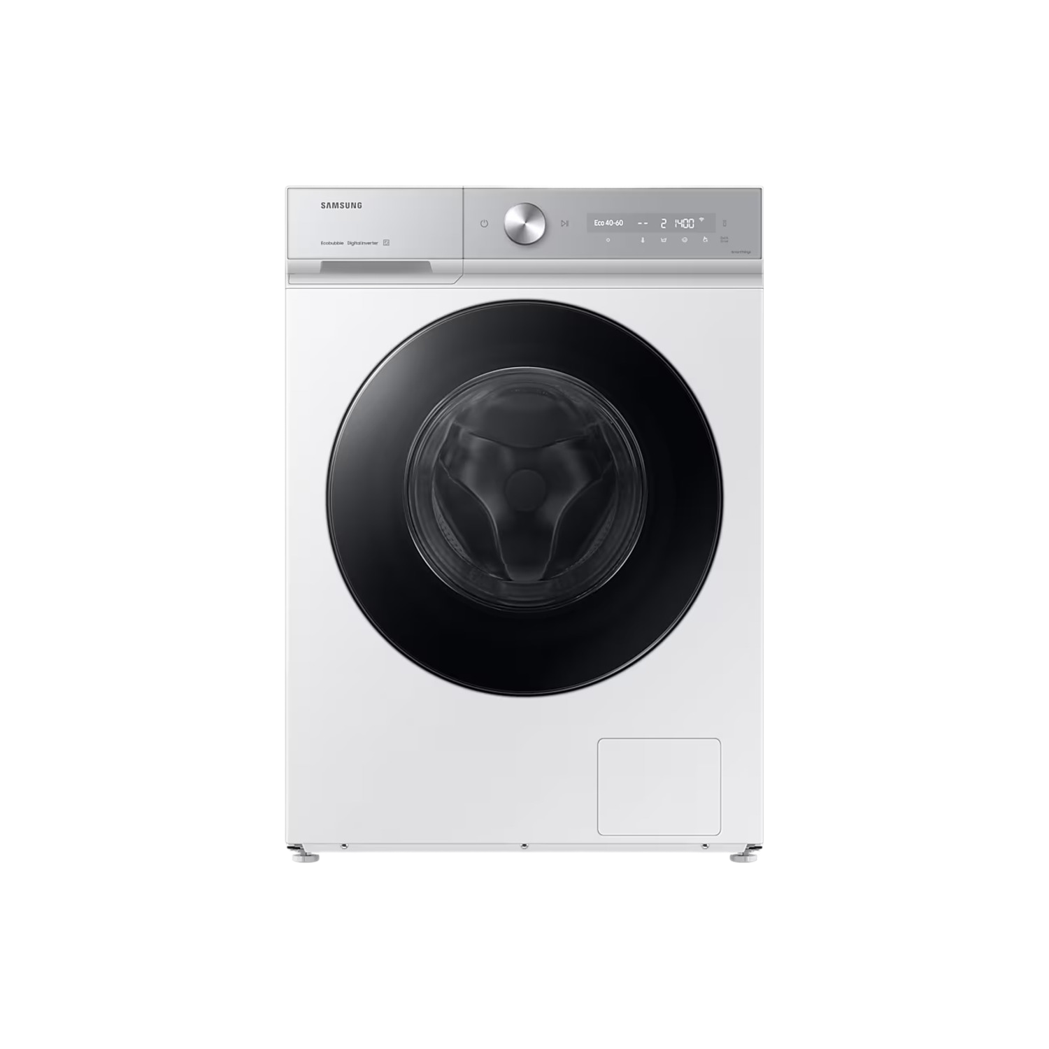 A white Samsung washing machine with a black door, against a black background.