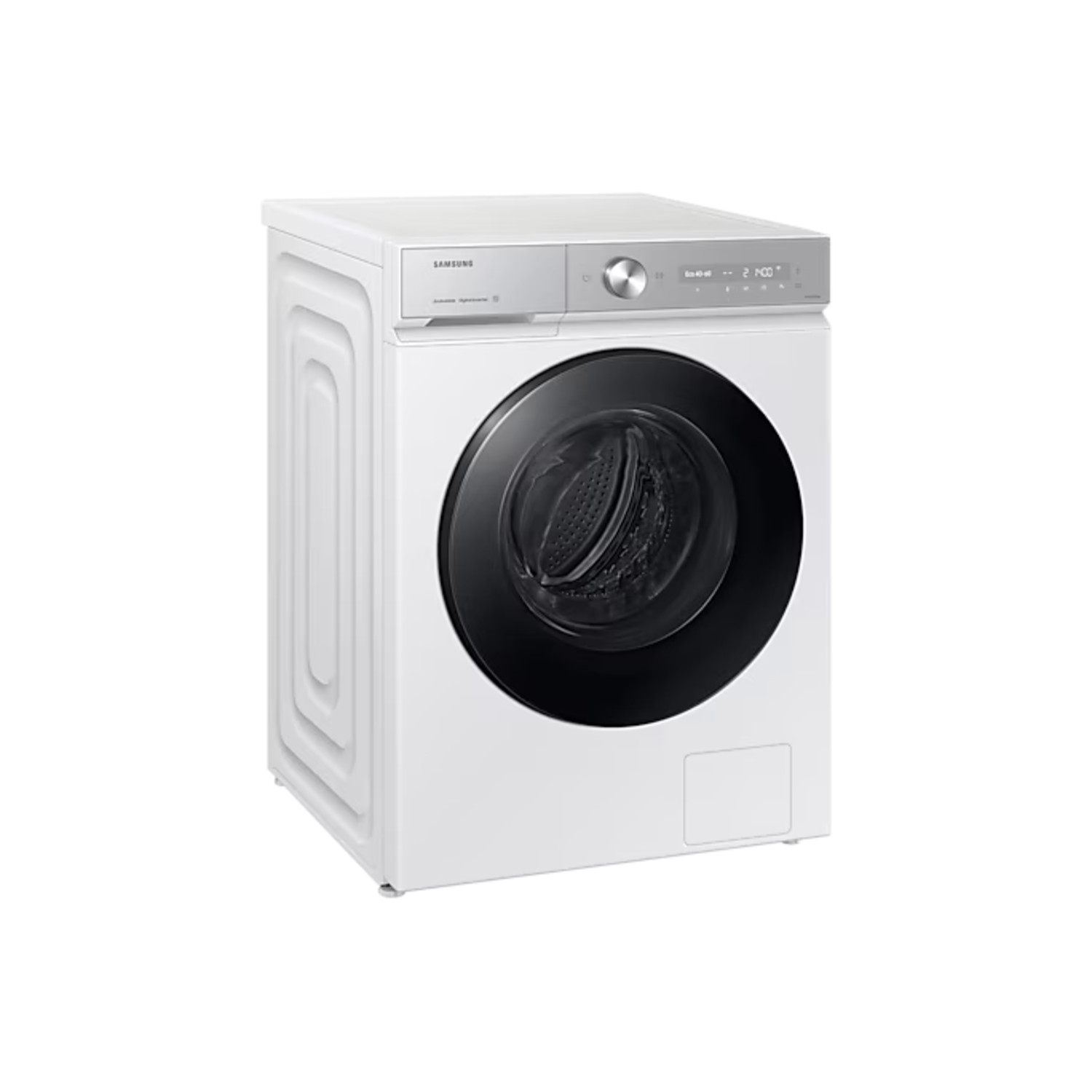 A white washing machine with a black door and a silver control panel.
