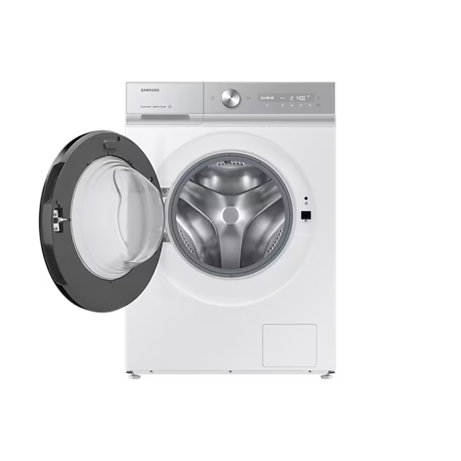 White washing machine with door open. Silver and gray accents. White background.