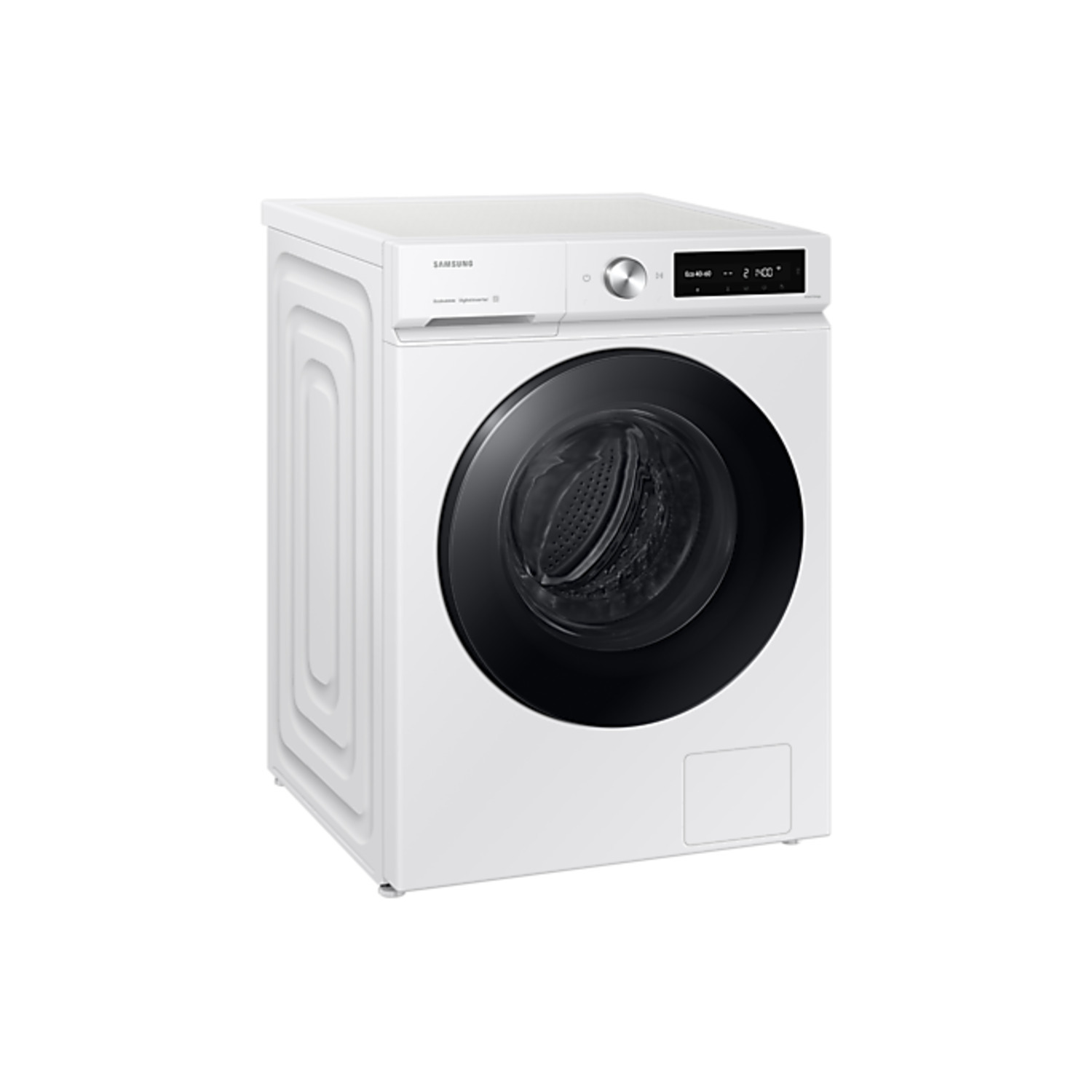 Witte Samsung wasmachine met een zwarte deur. Het heeft een bedieningspaneel aan de bovenkant.