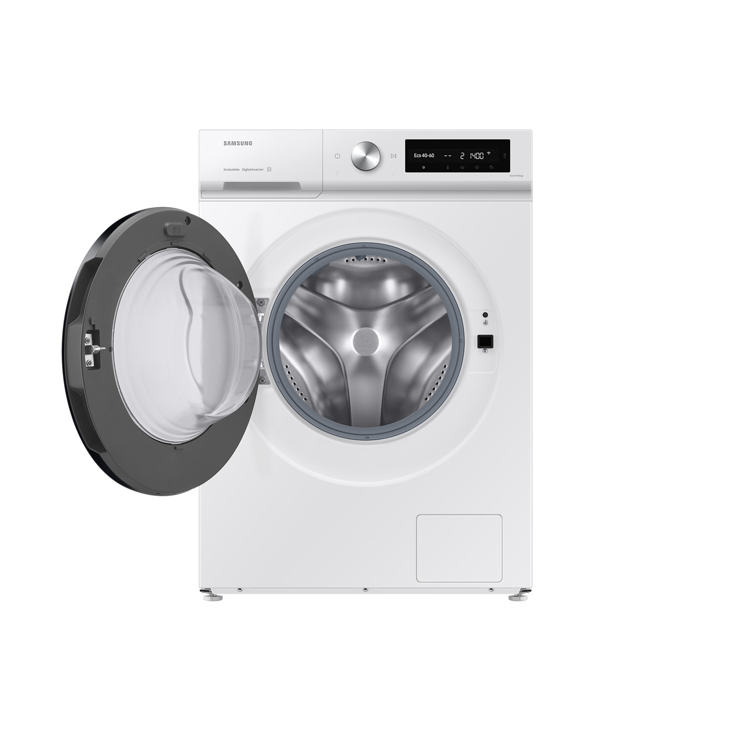Een witte wasmachine met een open deur, vooraanzicht.
