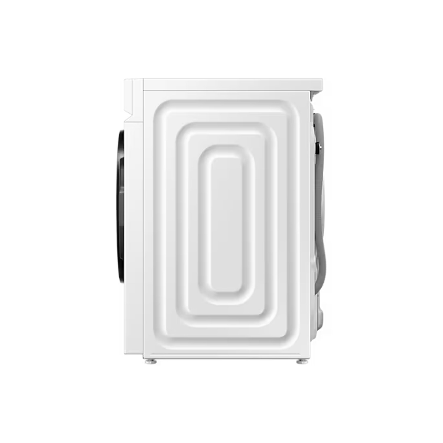Witte wasmachine, zijaanzicht. Achterpaneel met rechthoekig ontwerp.