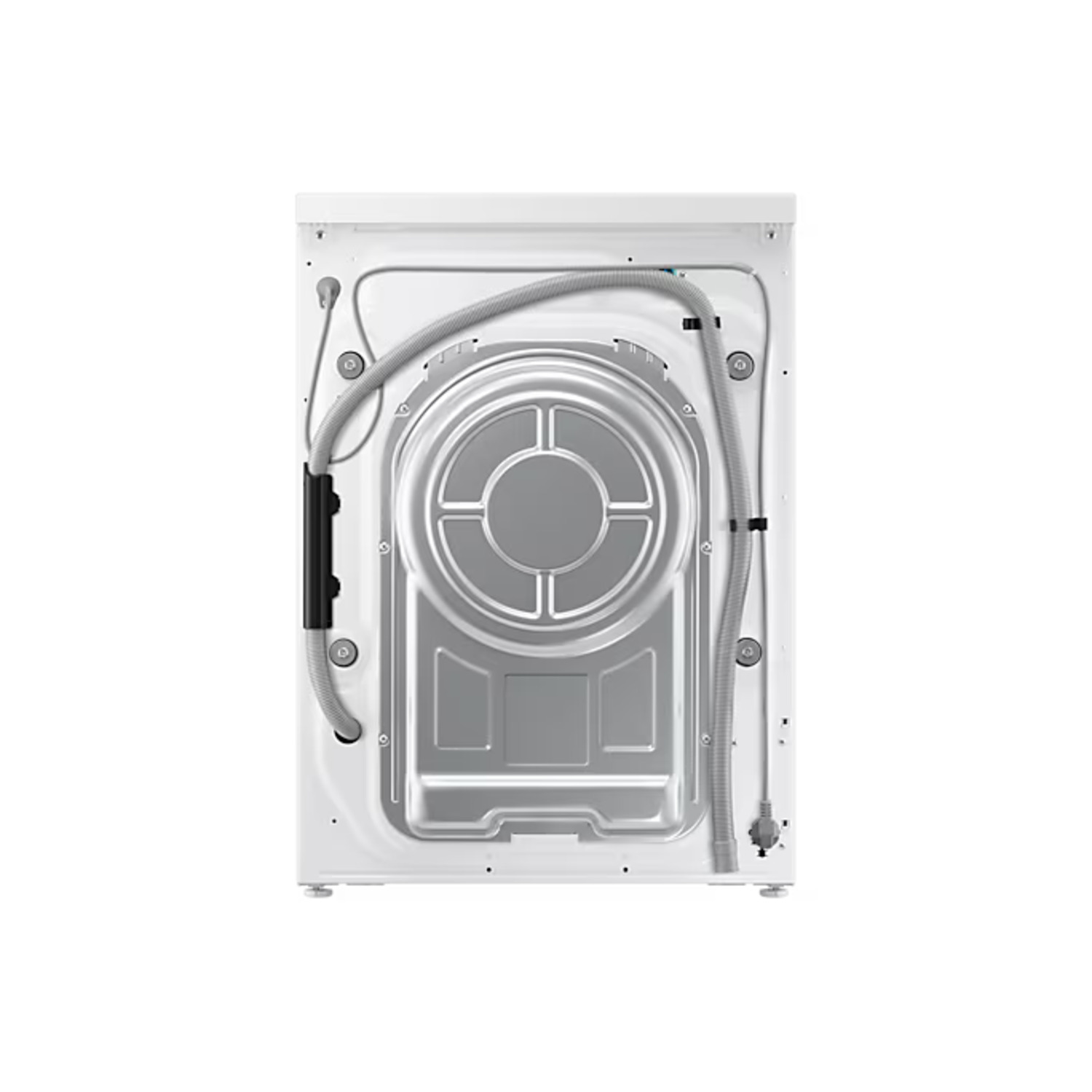 De achterkant van een witte wasmachine, met de interne componenten en slangen.
