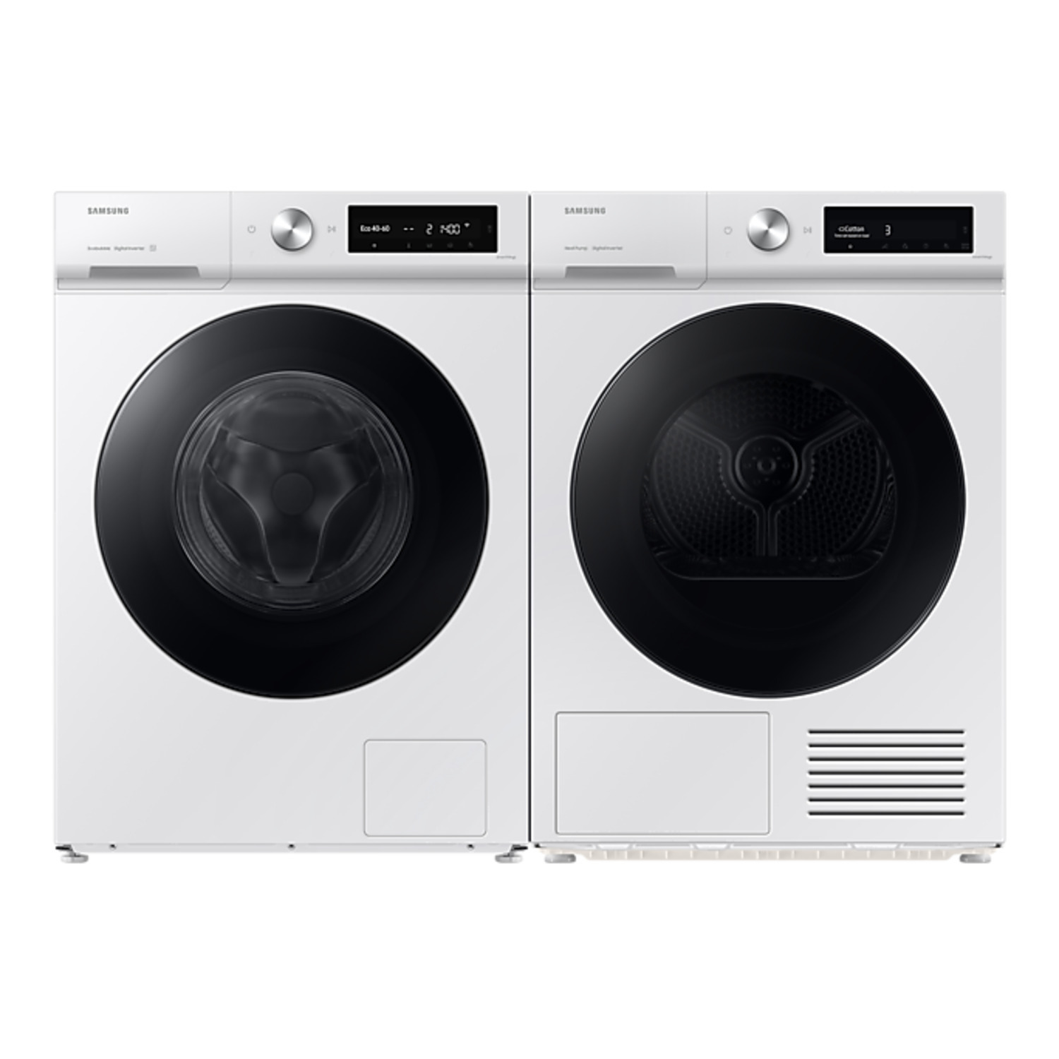 Twee witte wasmachines, naast elkaar, met zwarte deuren.