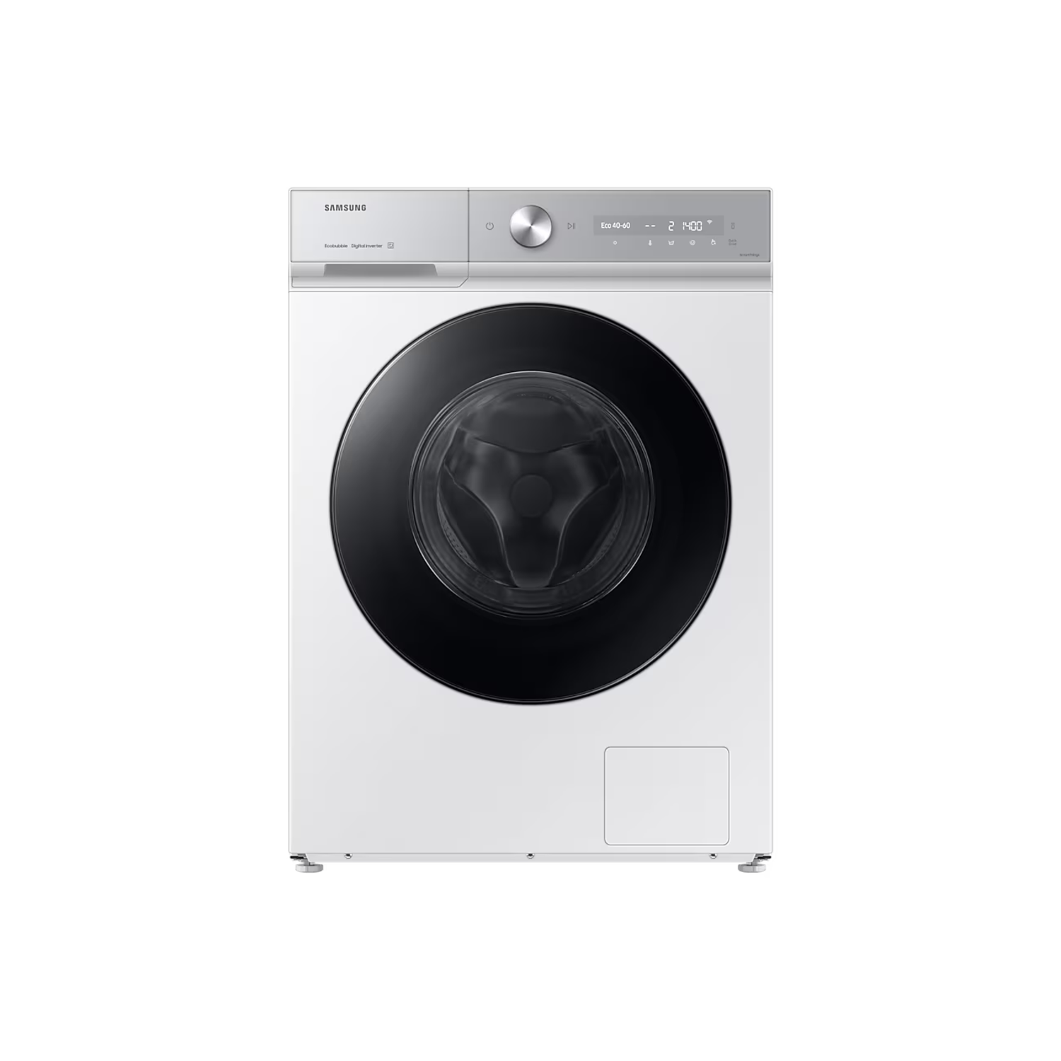A white Samsung washing machine. It has a black door with digital display and buttons on top.