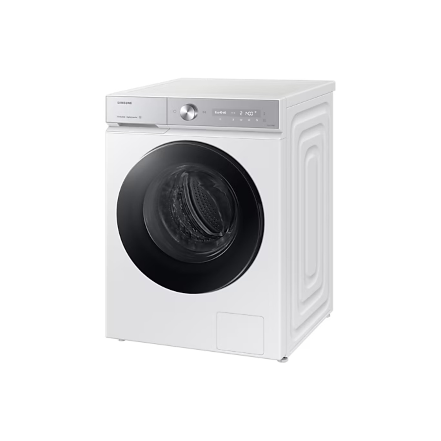 White washing machine with a black door and a silver control panel.