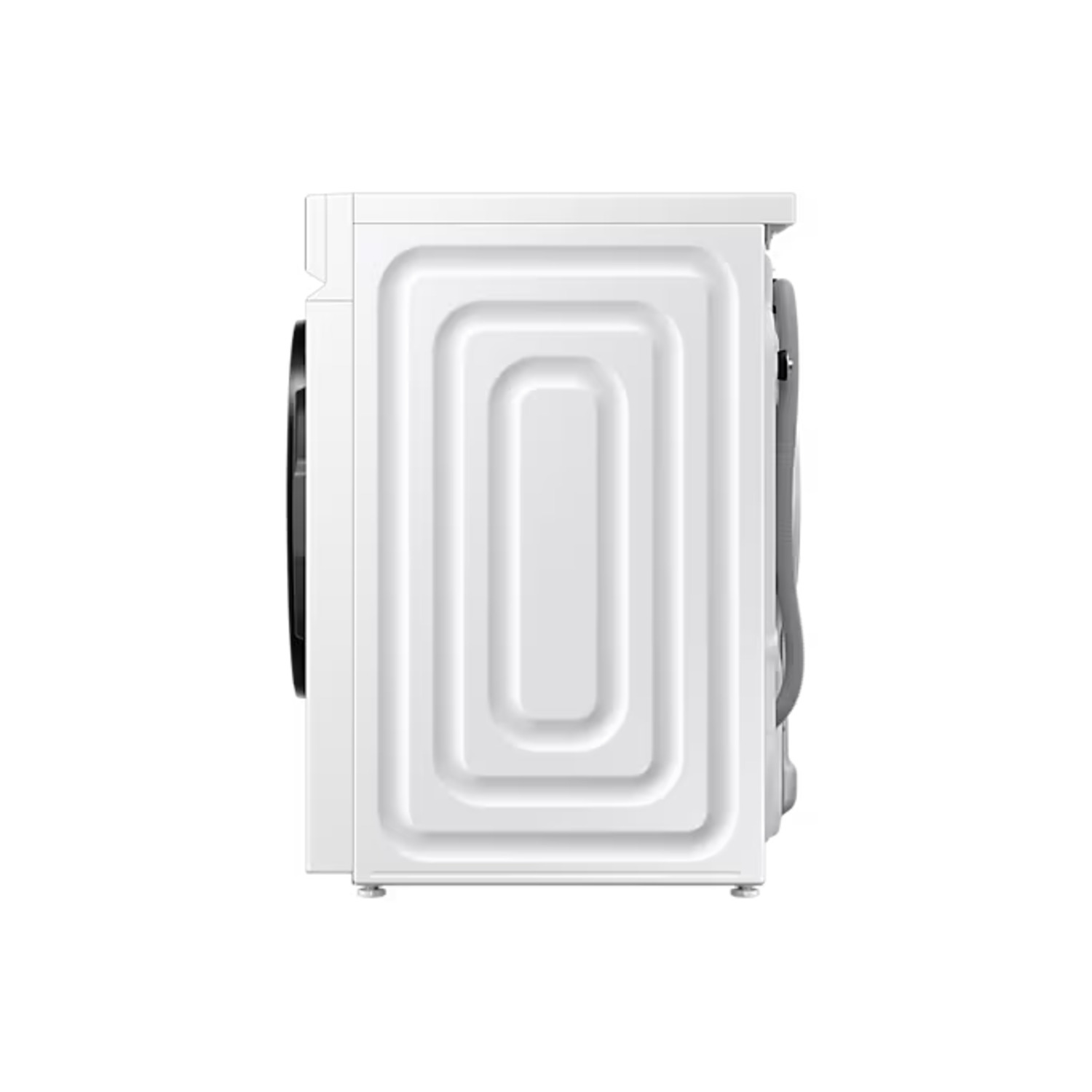 Side view of a white washing machine against a white background.