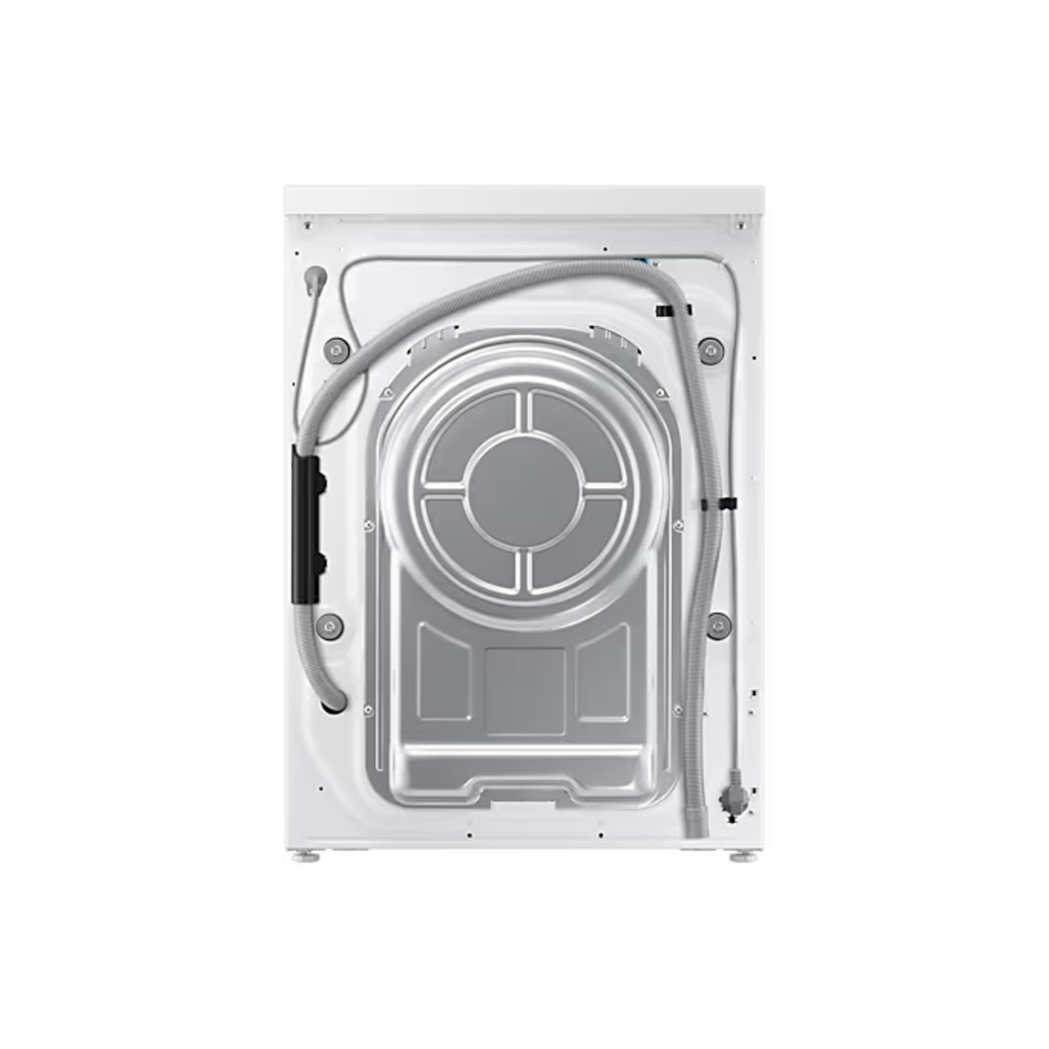 The back of a white washing machine. Hoses and components are visible in the design.
