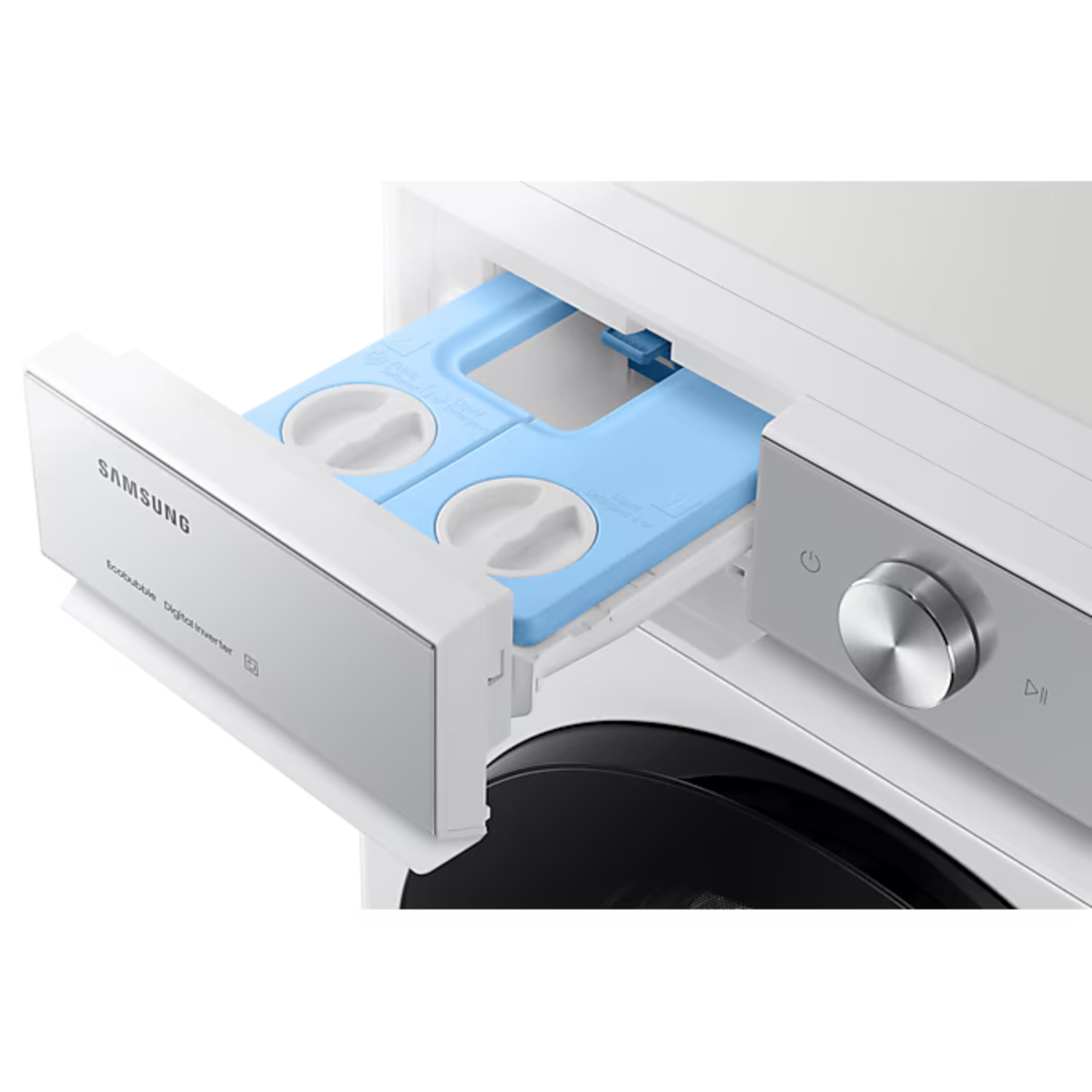 Washing machine detergent drawer. Blue insert for detergent visible. White machine.