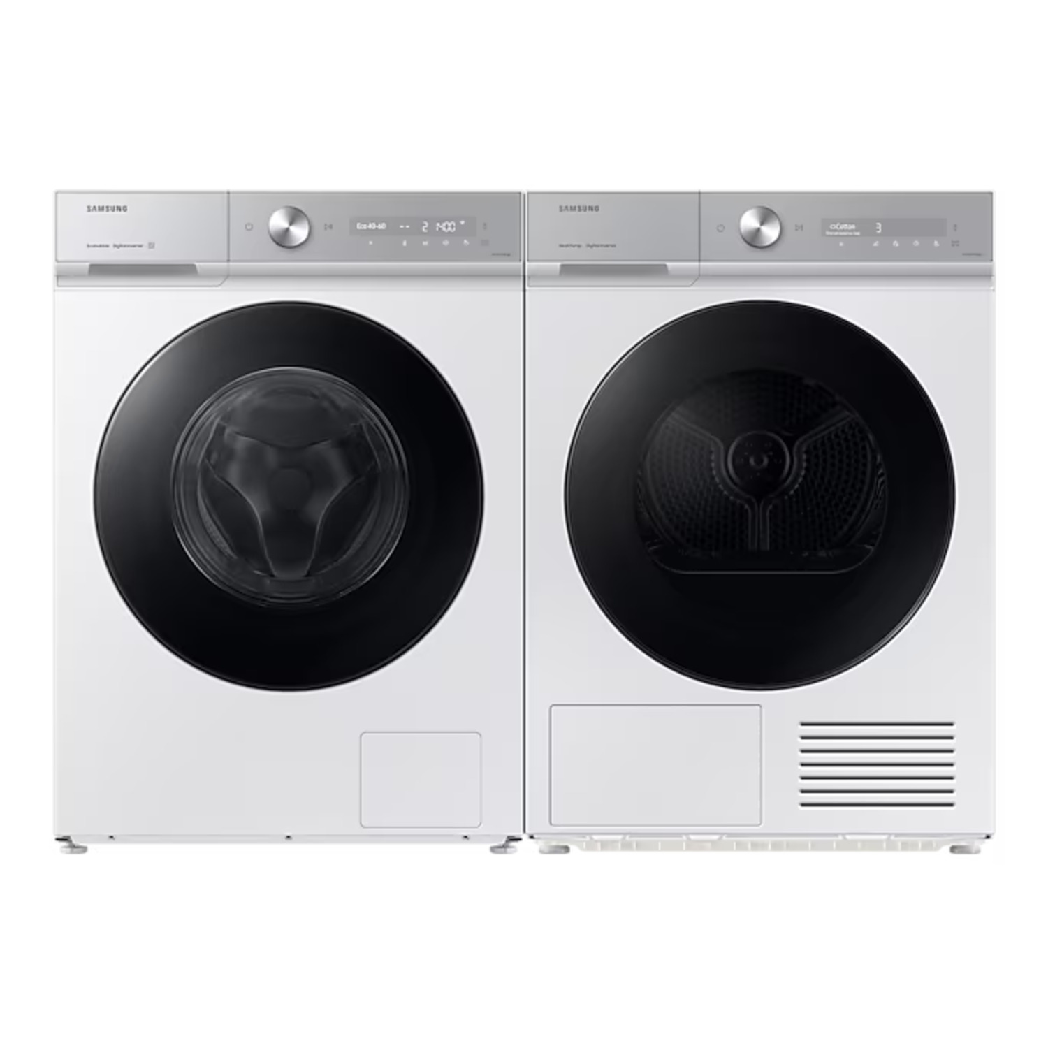 Two white Samsung washing machines and dryers. Black doors, silver top.