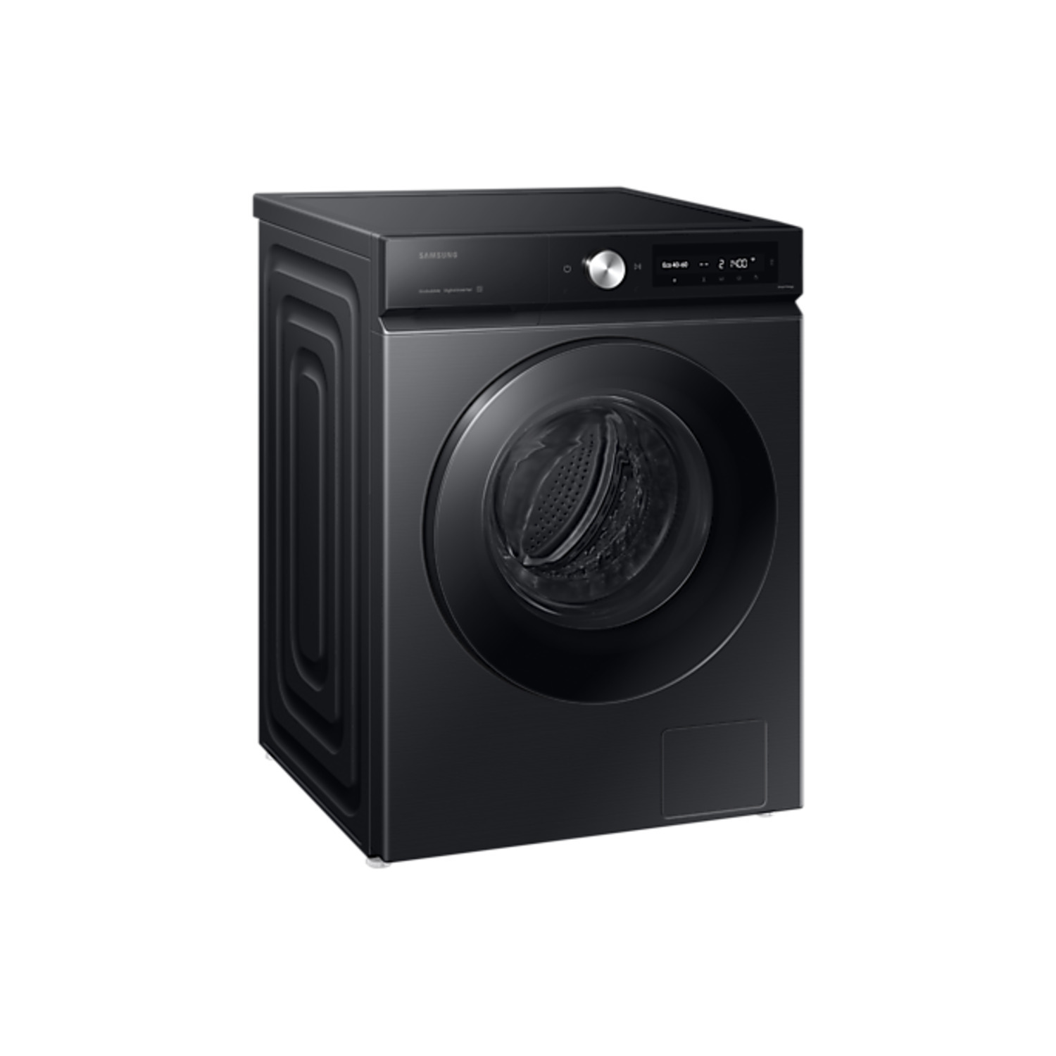 Black Samsung washing machine with a front-loading door and digital display.