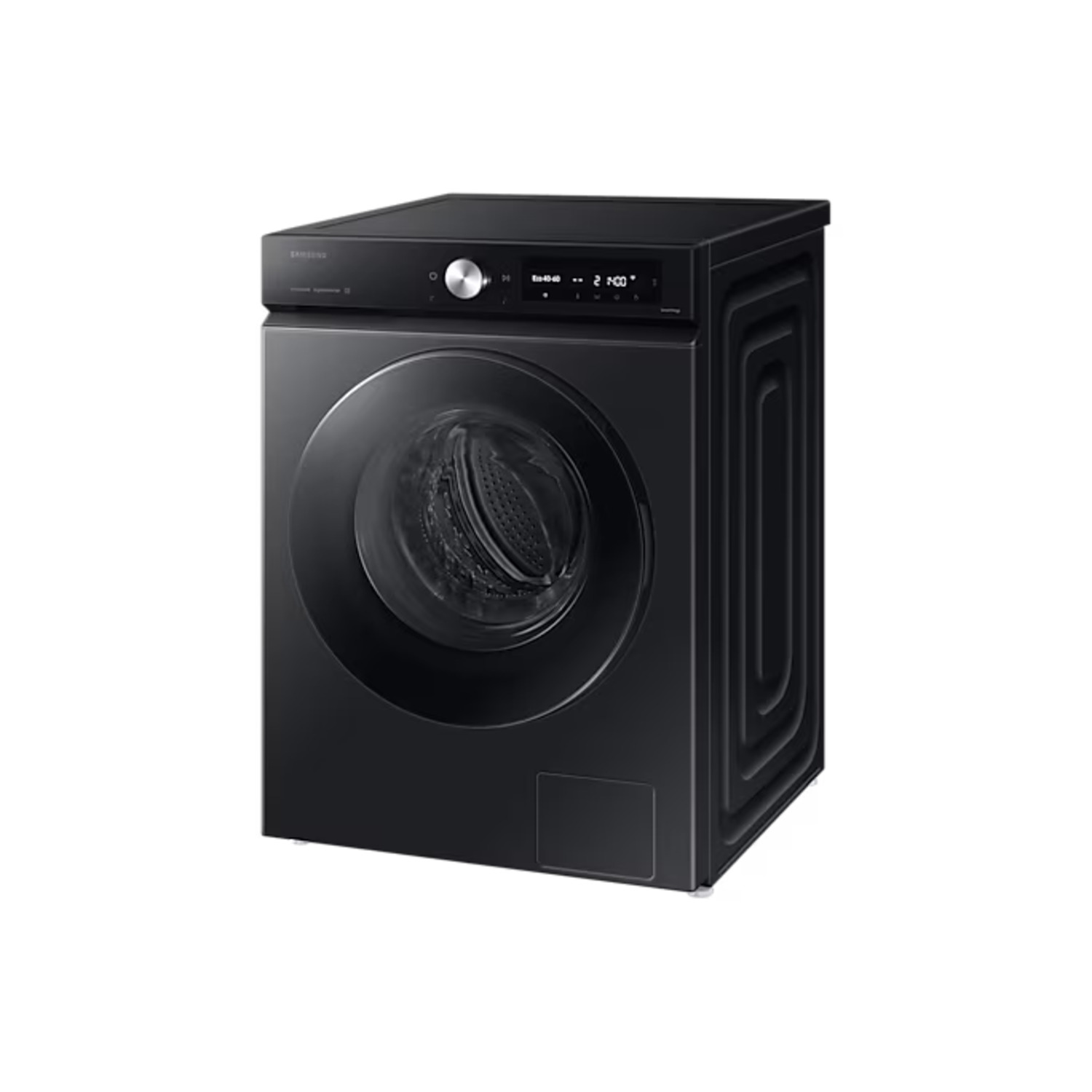 A black Samsung washing machine with a front-loading door and a control panel on top.