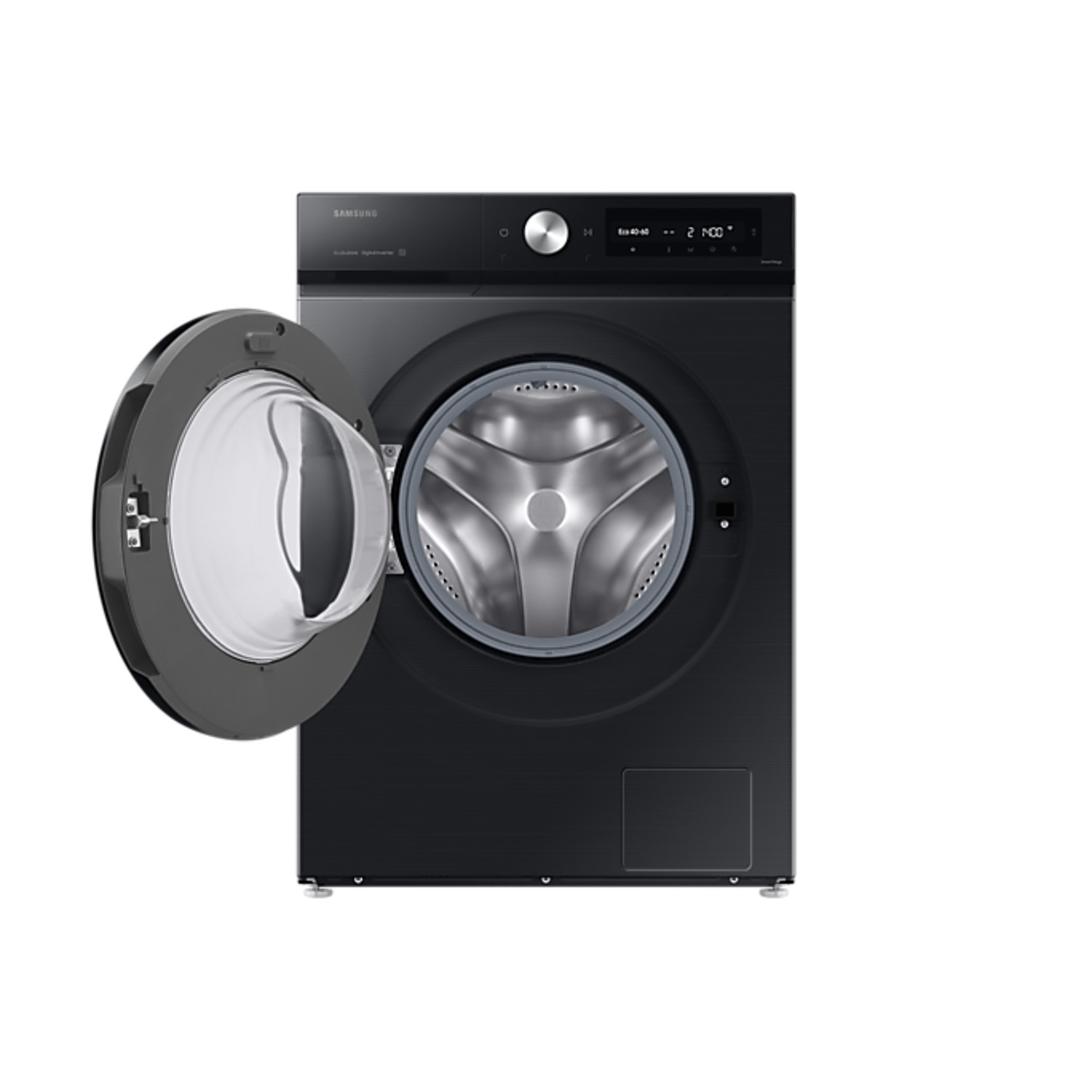 A black washing machine with an open door, showing the drum.