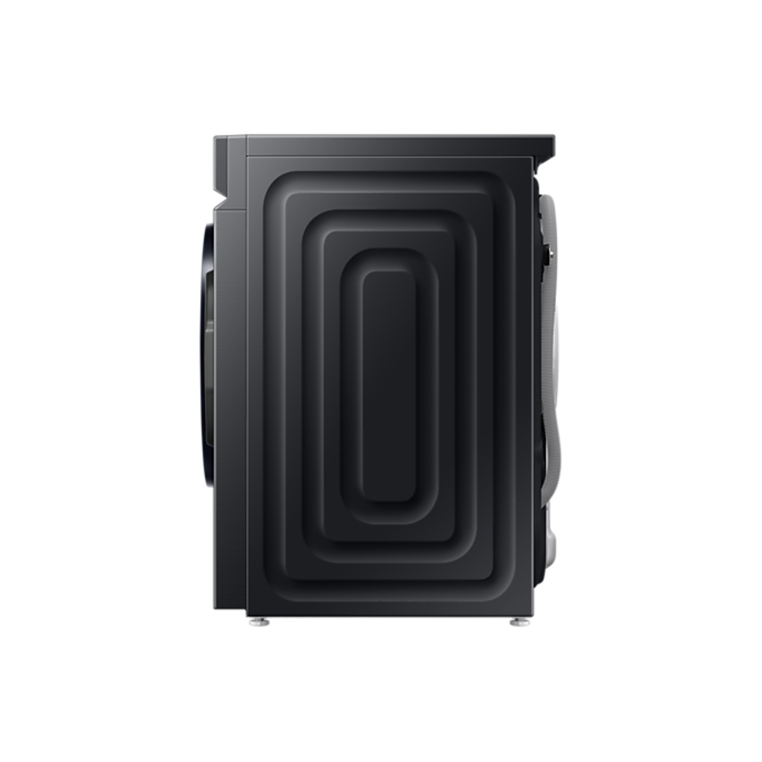 Black washing machine, side view. Features a rectangular design with indented patterns.