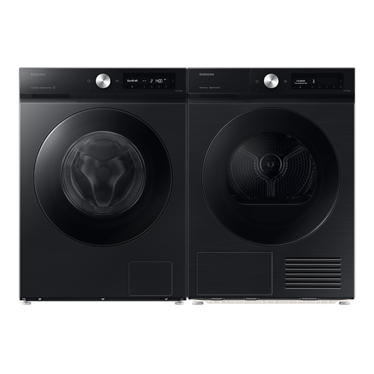 Two black washing machines side by side on a white background. Each has a circular door.