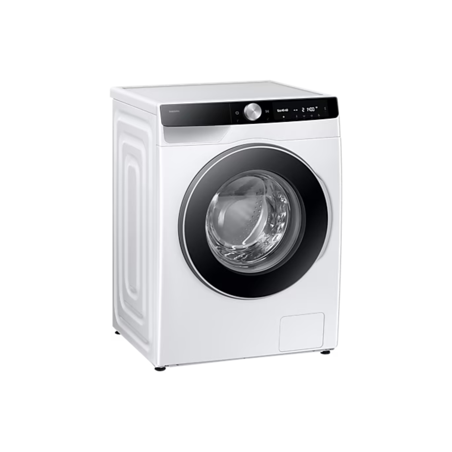 A white washing machine with a digital display, viewed from an angle.