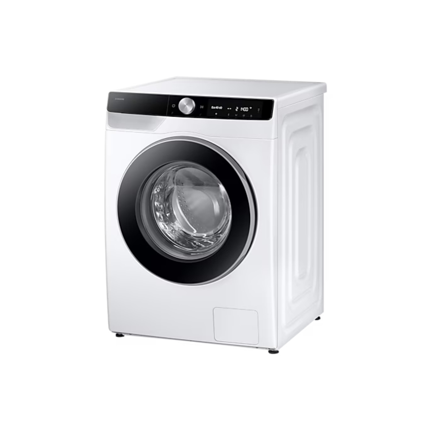 A white front-loading washing machine with a black door and a display panel.
