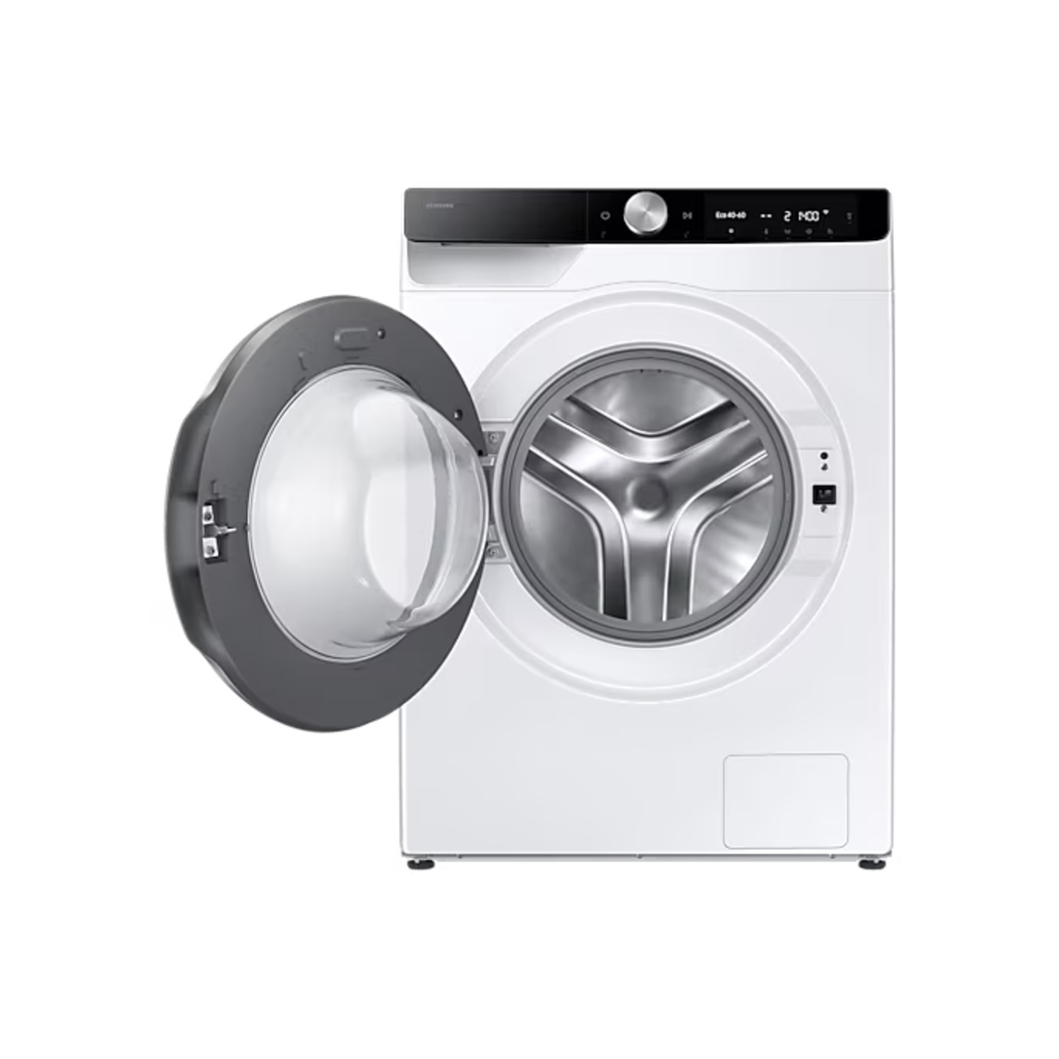 A white washing machine with the door open, showing the drum and control panel.