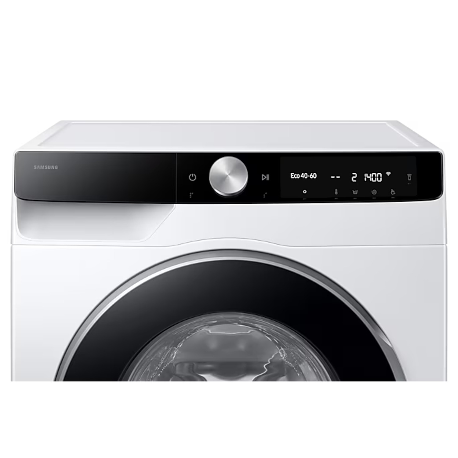 White washing machine with a black control panel and a round door. The Samsung logo is on top.